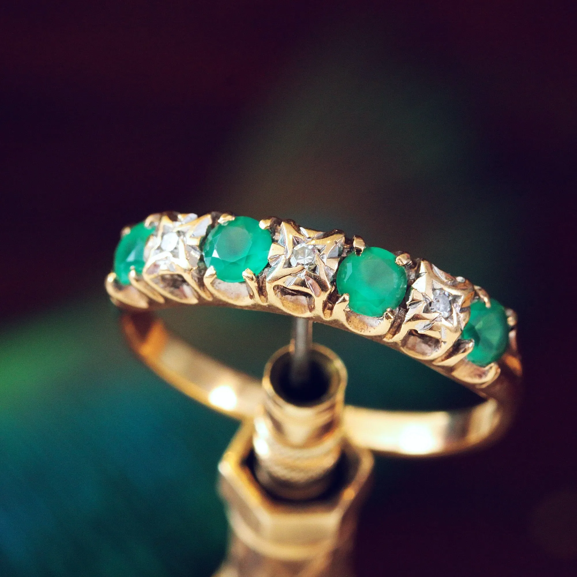 Green Agate and Diamond Band Ring