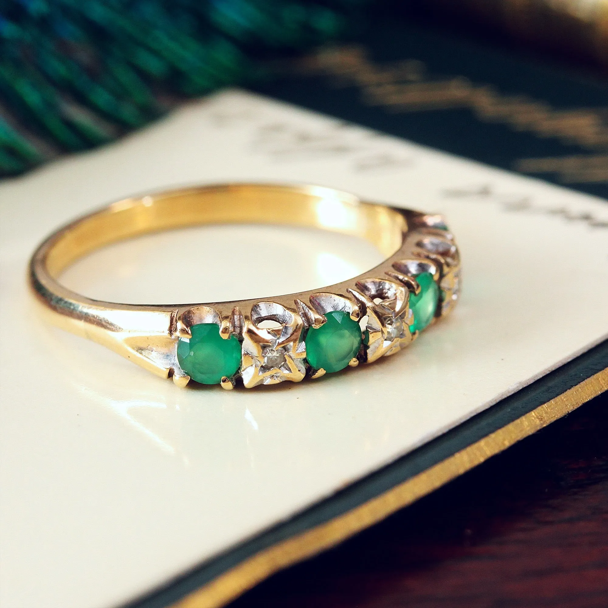 Green Agate and Diamond Band Ring