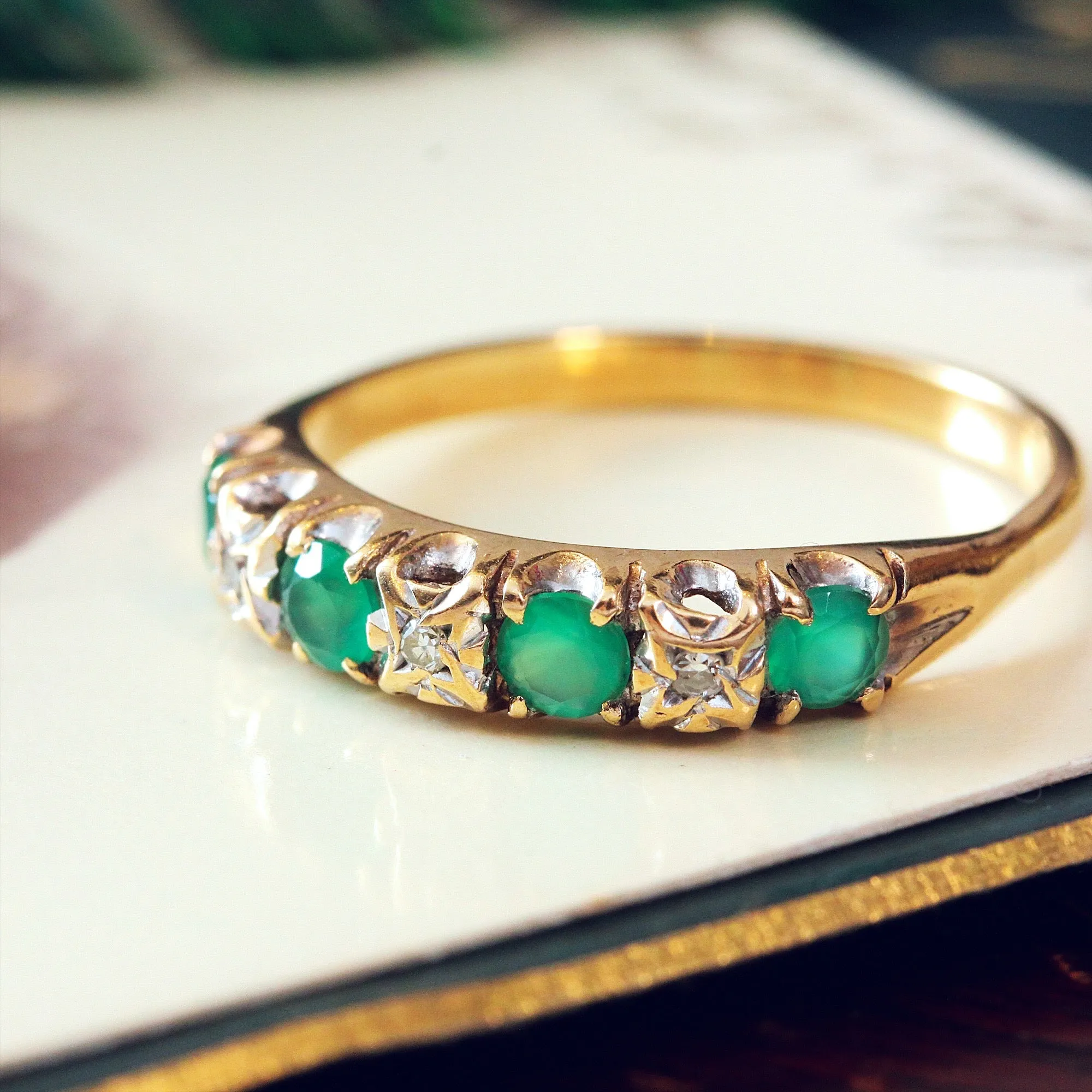 Green Agate and Diamond Band Ring