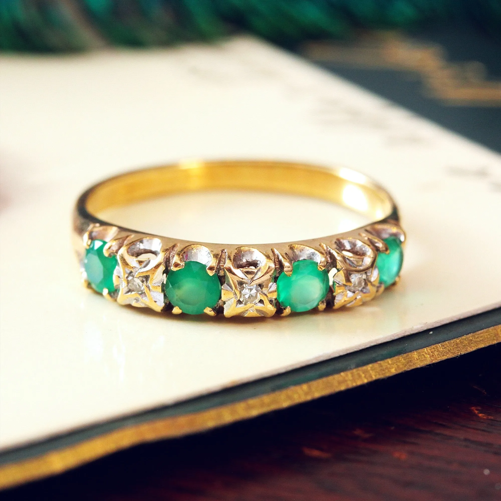 Green Agate and Diamond Band Ring