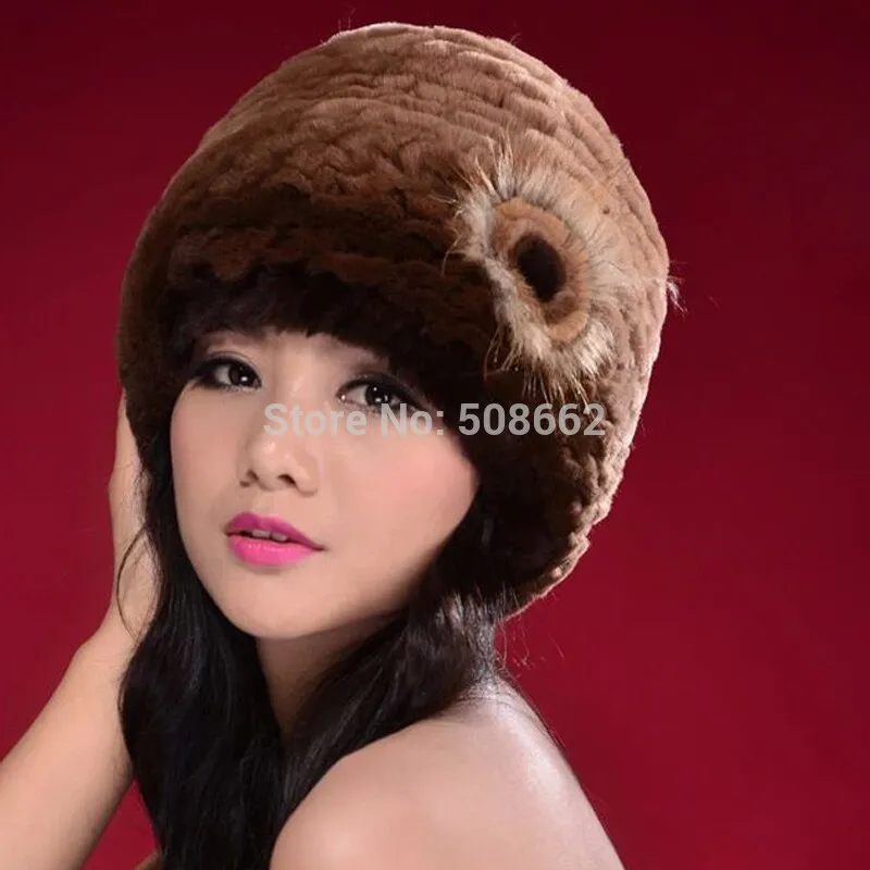 Hat Women Knitted Real Rex Rabbit Fur Hat Fur Cap Thick Beanie Fox Fur Flower Decoration Headgear Headdress Head Warmer Knitted Hats for Women FS14628