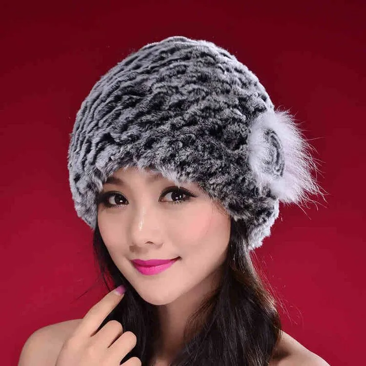 Hat Women Knitted Real Rex Rabbit Fur Hat Fur Cap Thick Beanie Fox Fur Flower Decoration Headgear Headdress Head Warmer Knitted Hats for Women FS14628