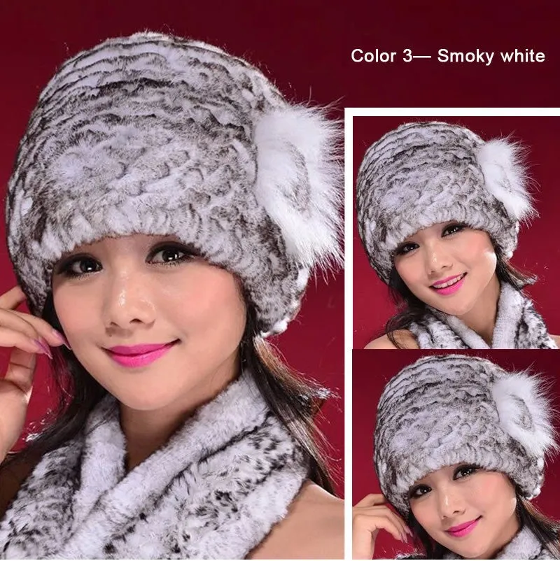 Hat Women Knitted Real Rex Rabbit Fur Hat Fur Cap Thick Beanie Fox Fur Flower Decoration Headgear Headdress Head Warmer Knitted Hats for Women FS14628