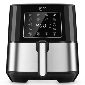 IKICH Stainless Steel Air Fryer, 6QT Large Air Fryers XL Oven Oilless Cooker, Nonstick Square Basket, LED Digital Touch Screen, 7 Cooking Presets, Recipes, Dishwasher Safe, 2 Years Warranty (KC-195)