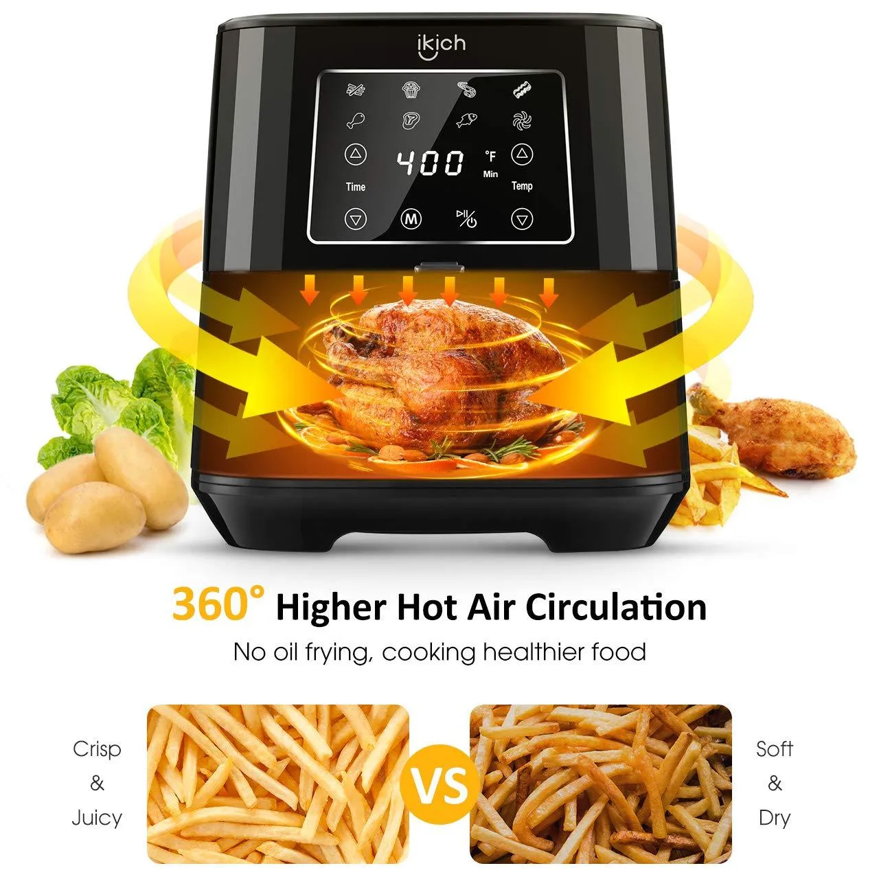 IKICH Stainless Steel Air Fryer, 6QT Large Air Fryers XL Oven Oilless Cooker, Nonstick Square Basket, LED Digital Touch Screen, 7 Cooking Presets, Recipes, Dishwasher Safe, 2 Years Warranty (KC-195)