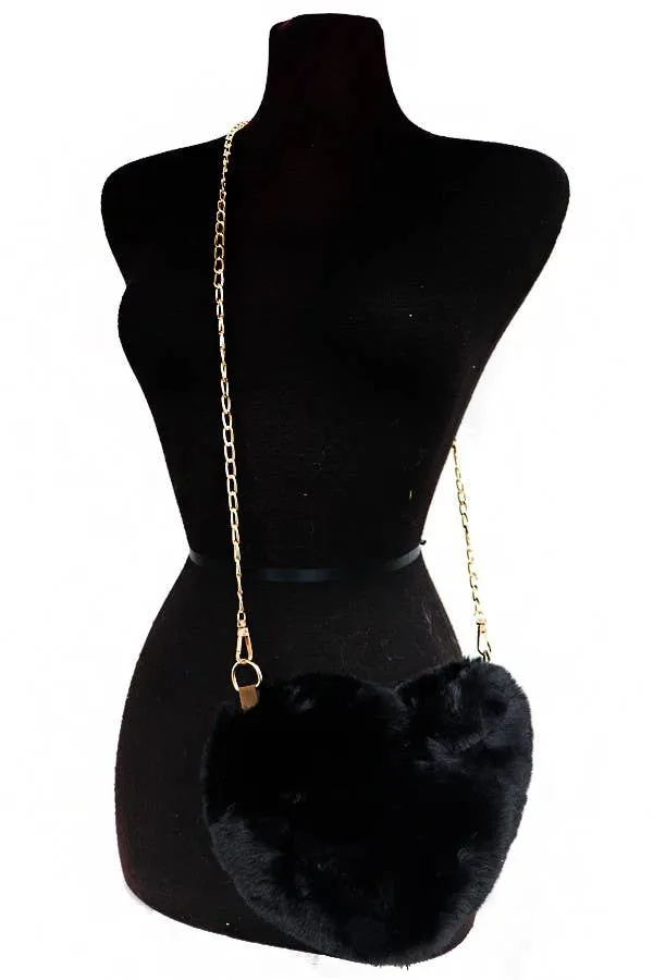 Instant Shipping! Faux Fur Heart Shaped Faux Leather Lined Gold Chain Bag