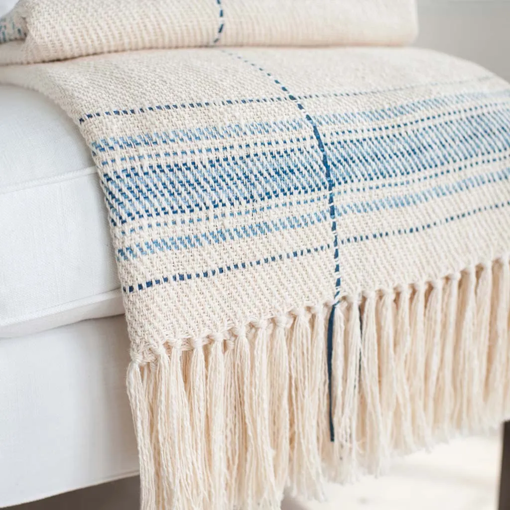 Ivory and Blue Striped Handwoven Cotton Throw