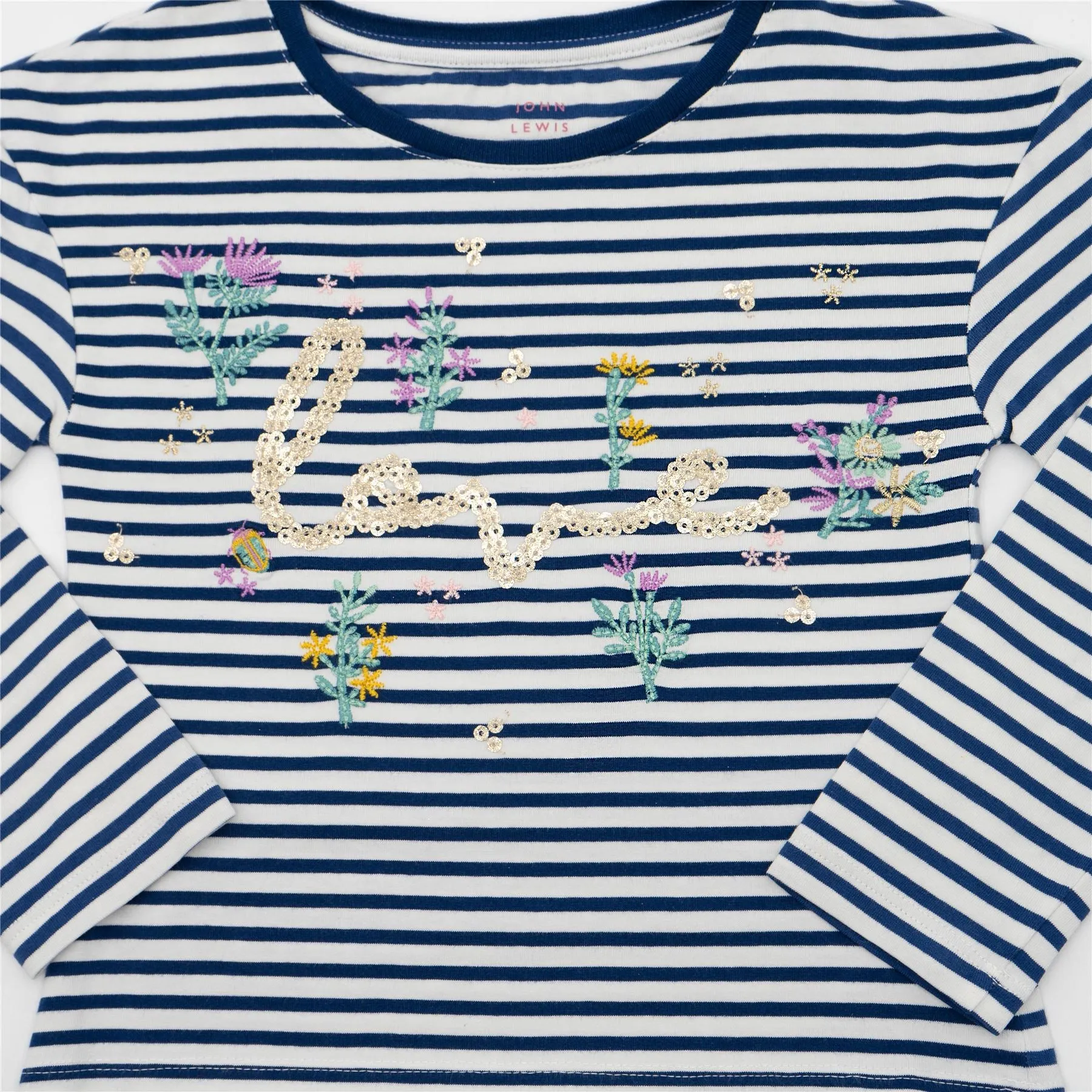 John Lewis Girls Navy Breton Stripe with Sparkle Love Embellishment Long Sleeve Tops