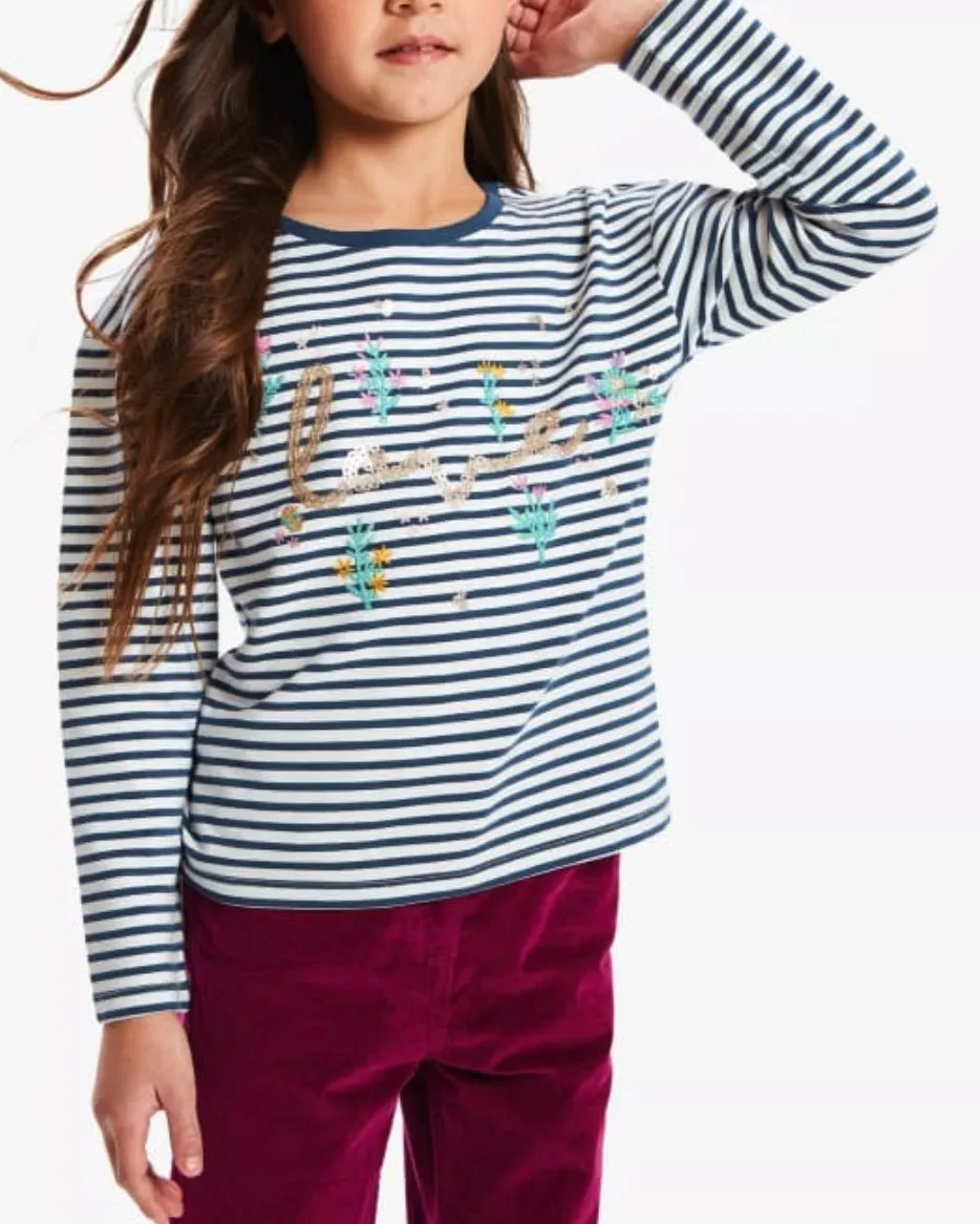 John Lewis Girls Navy Breton Stripe with Sparkle Love Embellishment Long Sleeve Tops