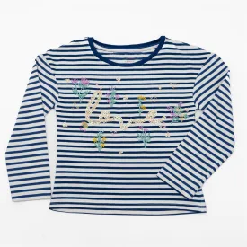 John Lewis Girls Navy Breton Stripe with Sparkle Love Embellishment Long Sleeve Tops