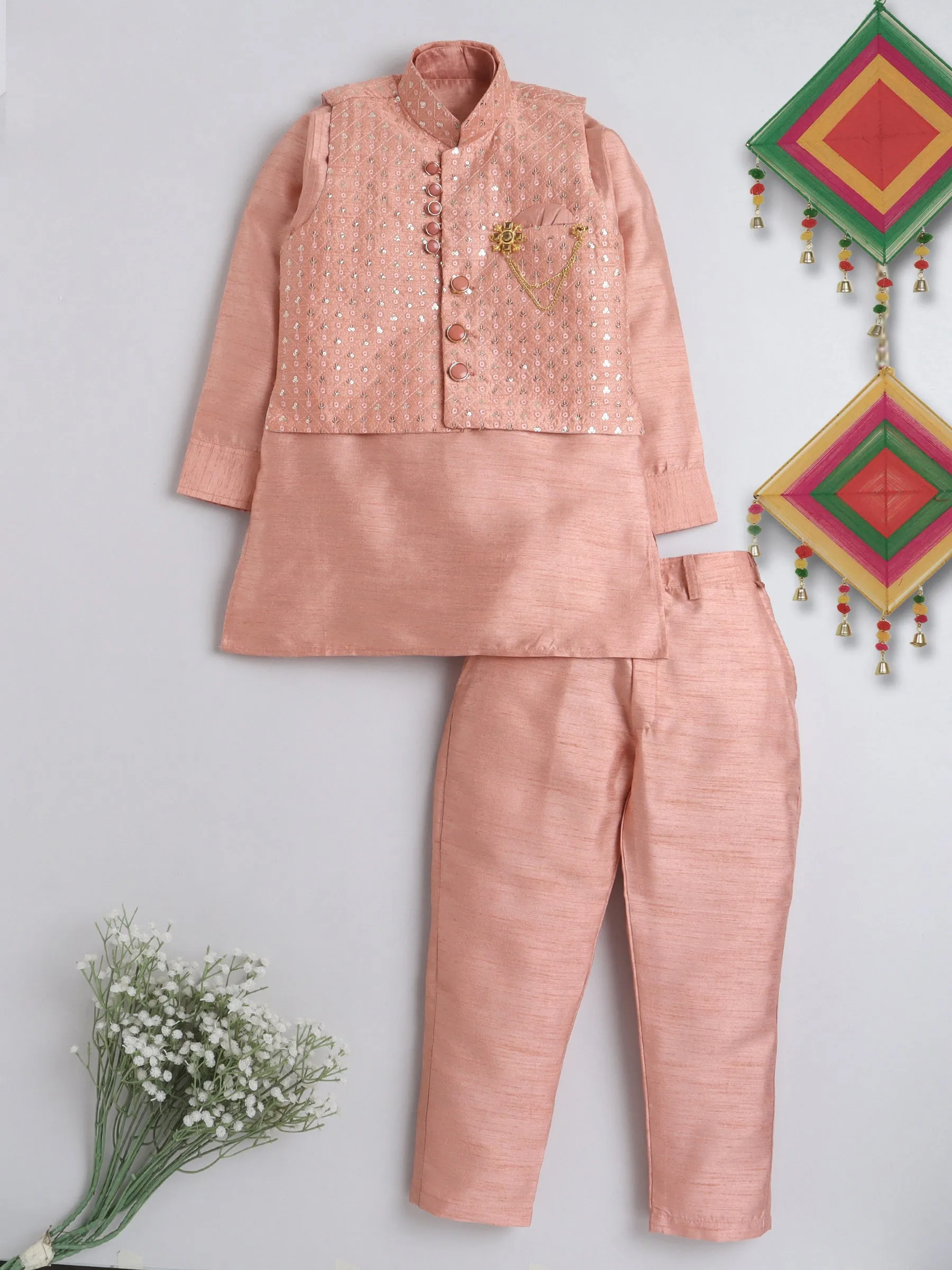 Kids Ethnic Cotton Silk Blend Nehru Modi Jacket Kurta & Pyjama Set for Boys