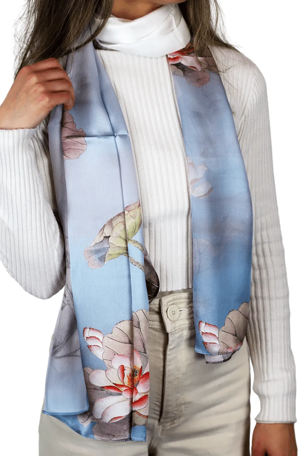 La Fiorentina Floral Print 100% Silk Scarf -  Blue