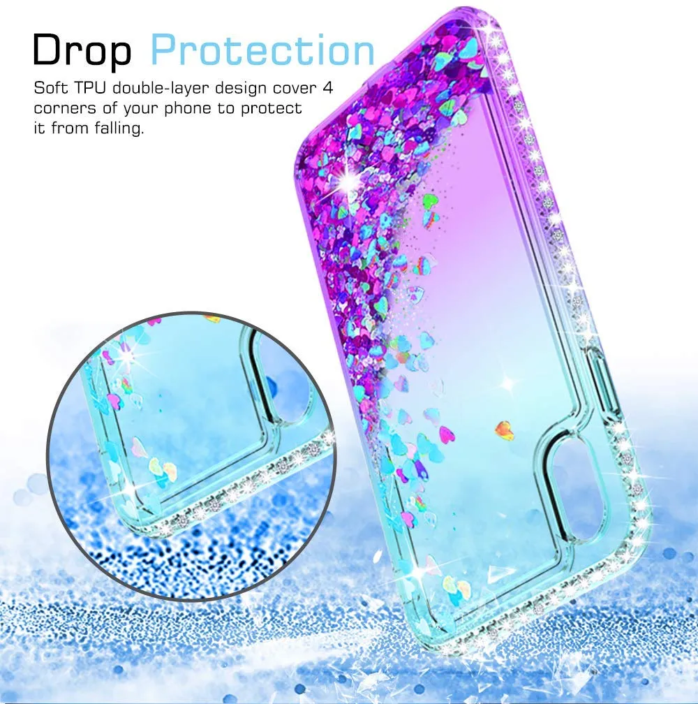 LeYi Case for iPhone XR with Glass Screen Protector [2 pack], Glitter Liquid Flowing Clear Transparent Diamond Personalise TPU Gel Silicone Shockproof