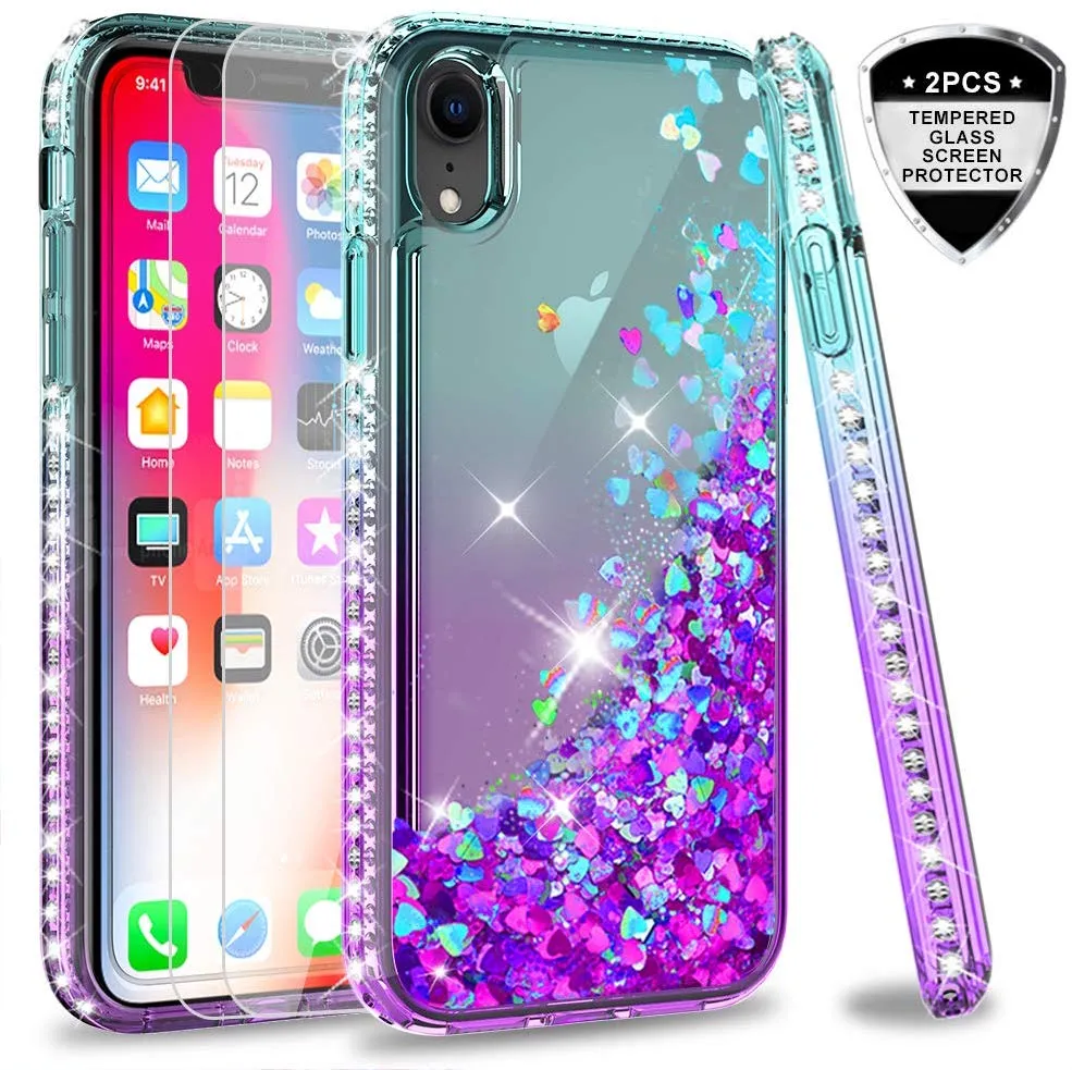 LeYi Case for iPhone XR with Glass Screen Protector [2 pack], Glitter Liquid Flowing Clear Transparent Diamond Personalise TPU Gel Silicone Shockproof