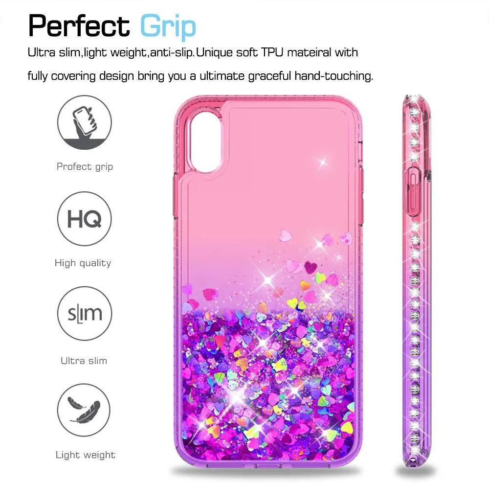 LeYi Case for iPhone XR with Glass Screen Protector [2 pack], Glitter Liquid Flowing Clear Transparent Diamond Personalise TPU Gel Silicone Shockproof