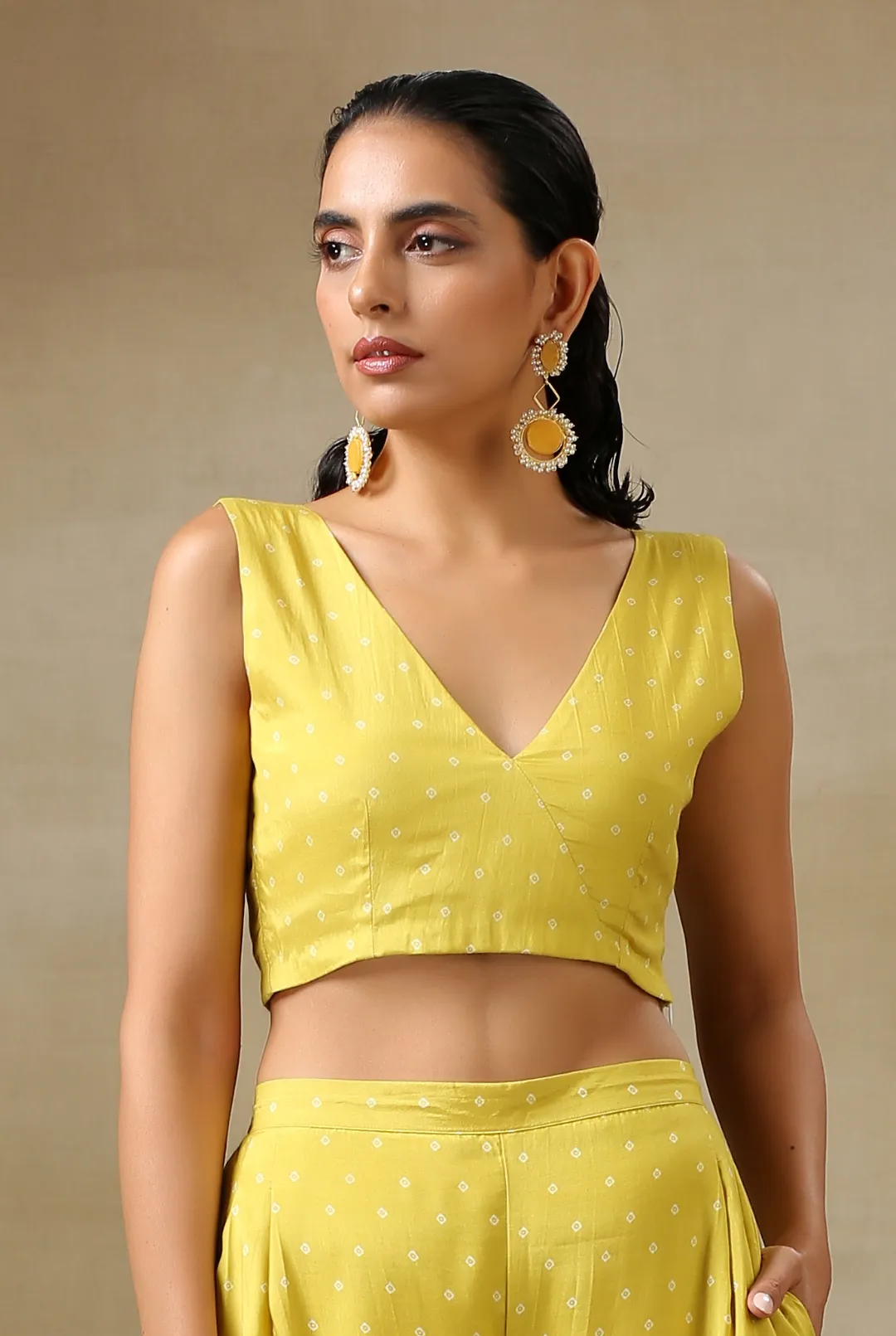 Lime Green Bandhani Printed Silk Sleeveless Blouse