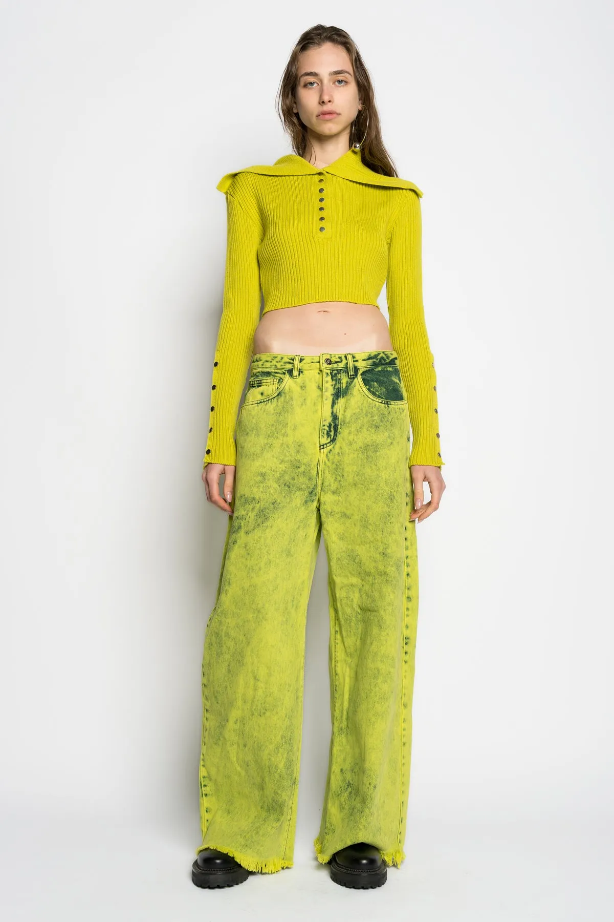 LIME MERINO WOOL KNITTED CROPPED TOP WITH BIG COLLAR