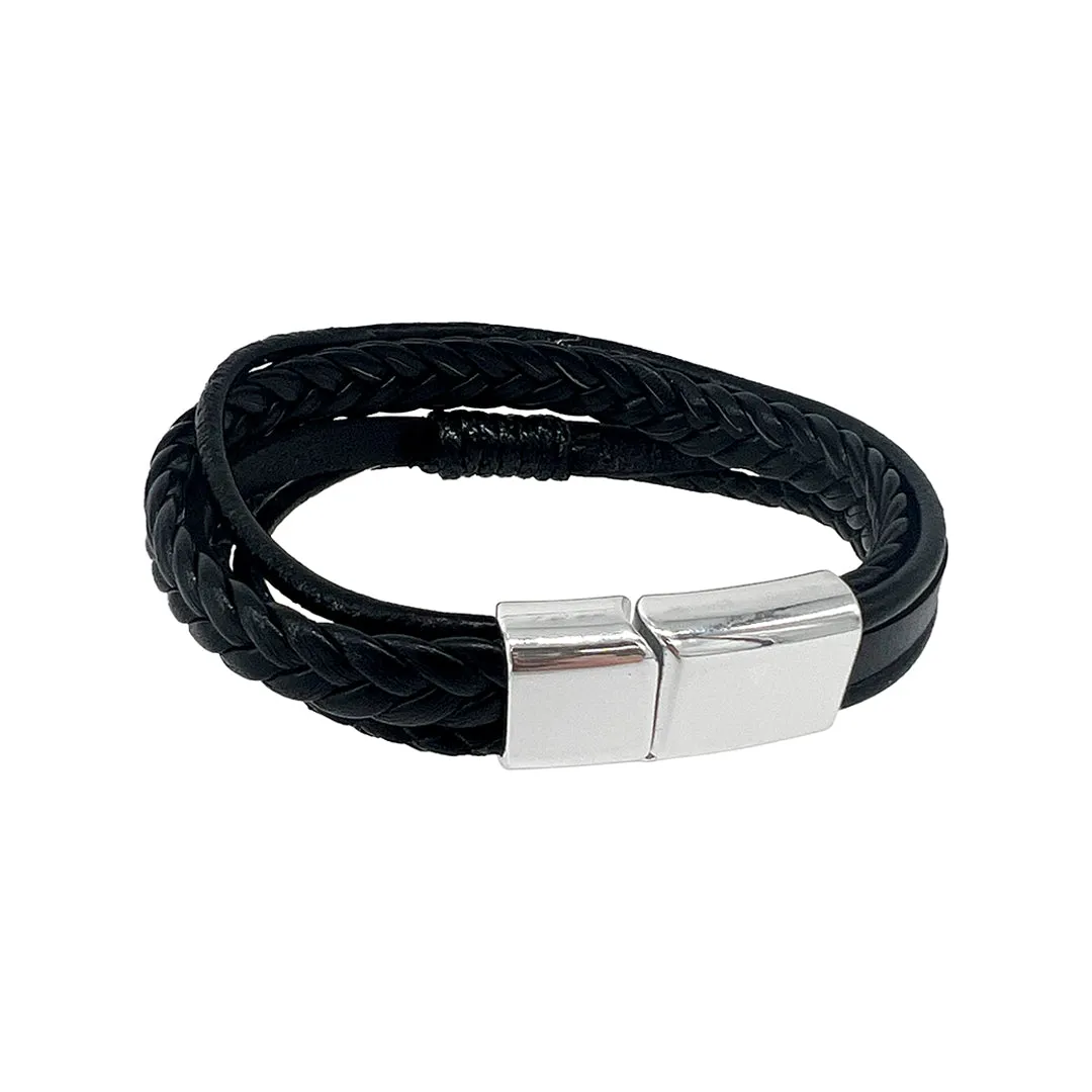 Magnetic Clasp Multistrand Black Leather Bracelet silver