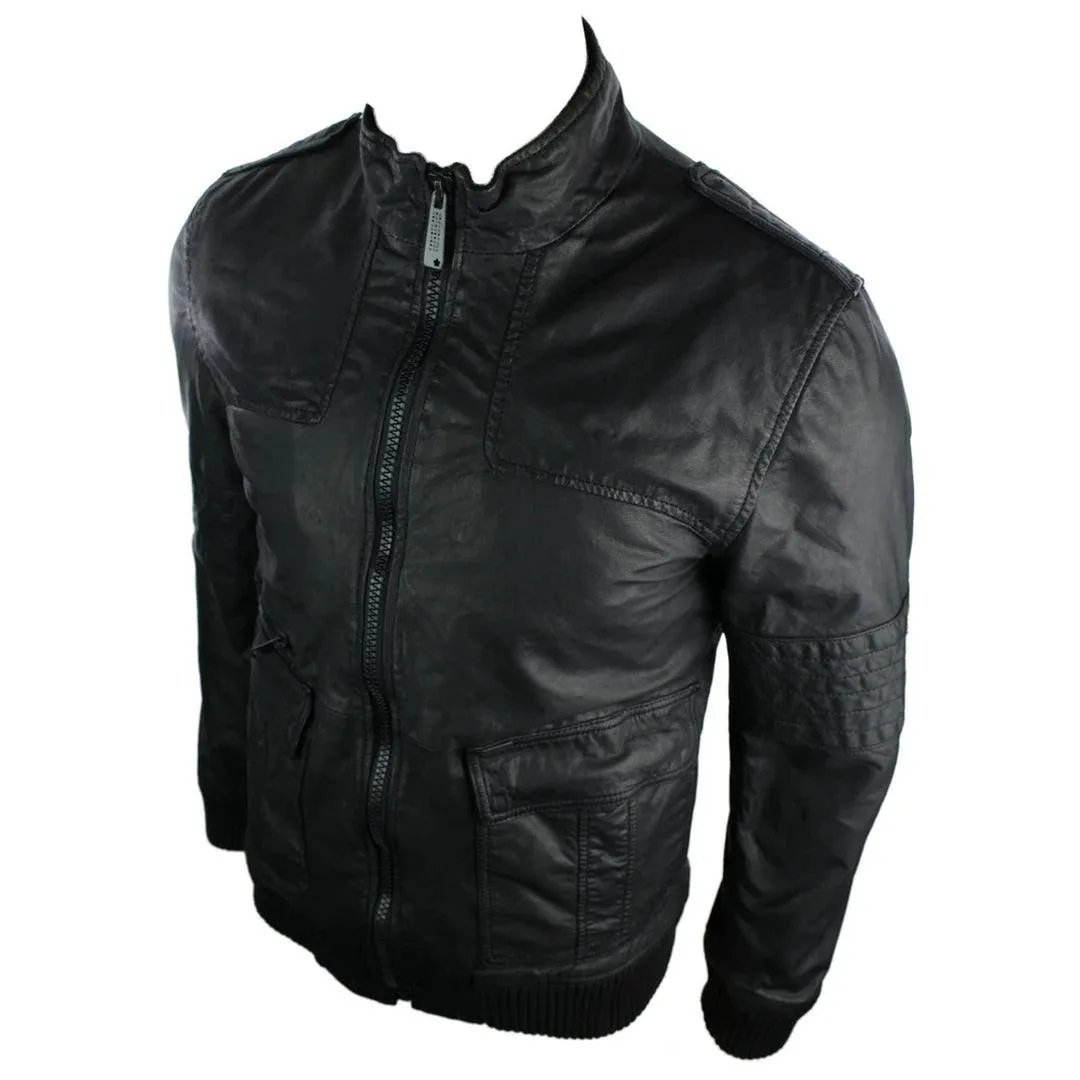 Mens All Retro Real Leather Jacket Jack Vintage Look Black Bomber