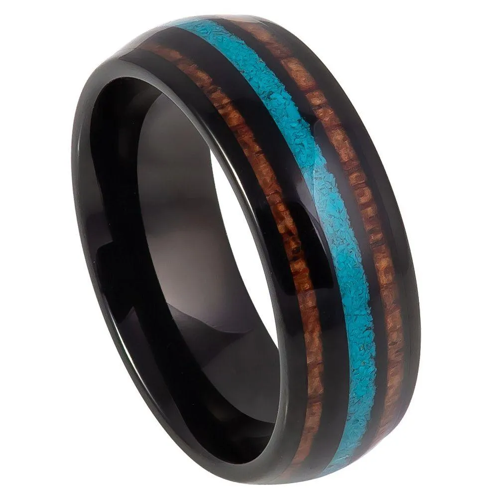 Men's Black IP Tungsten with Koa Wood and Crushed Turquoise Inlay-8mm