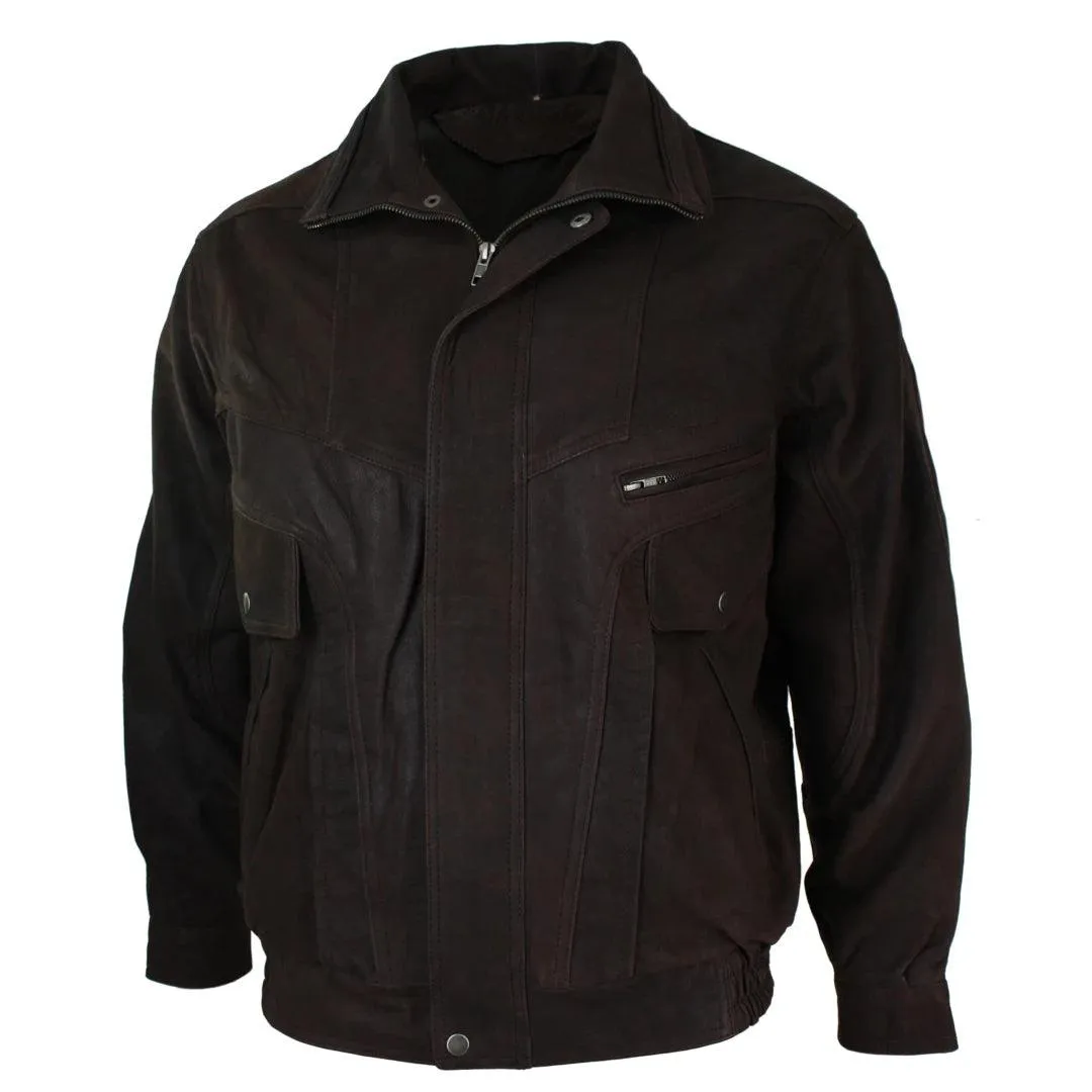 Mens Classic Bomber Black Nubuck Washed Brown Real Leather Jacket