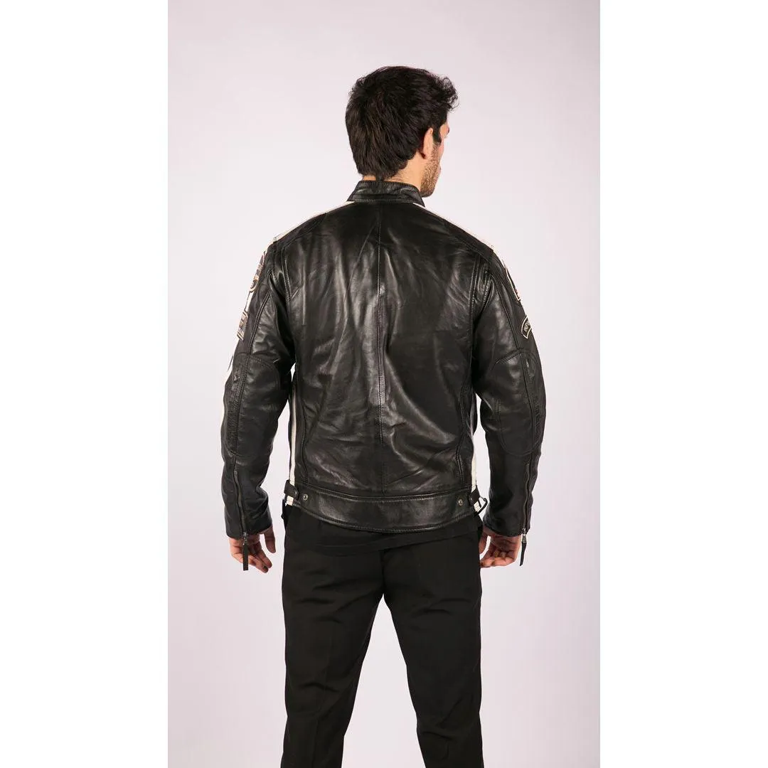 Mens Classic Retro Biker Racer Real Leather Jacket Black Zipped Casual Badge