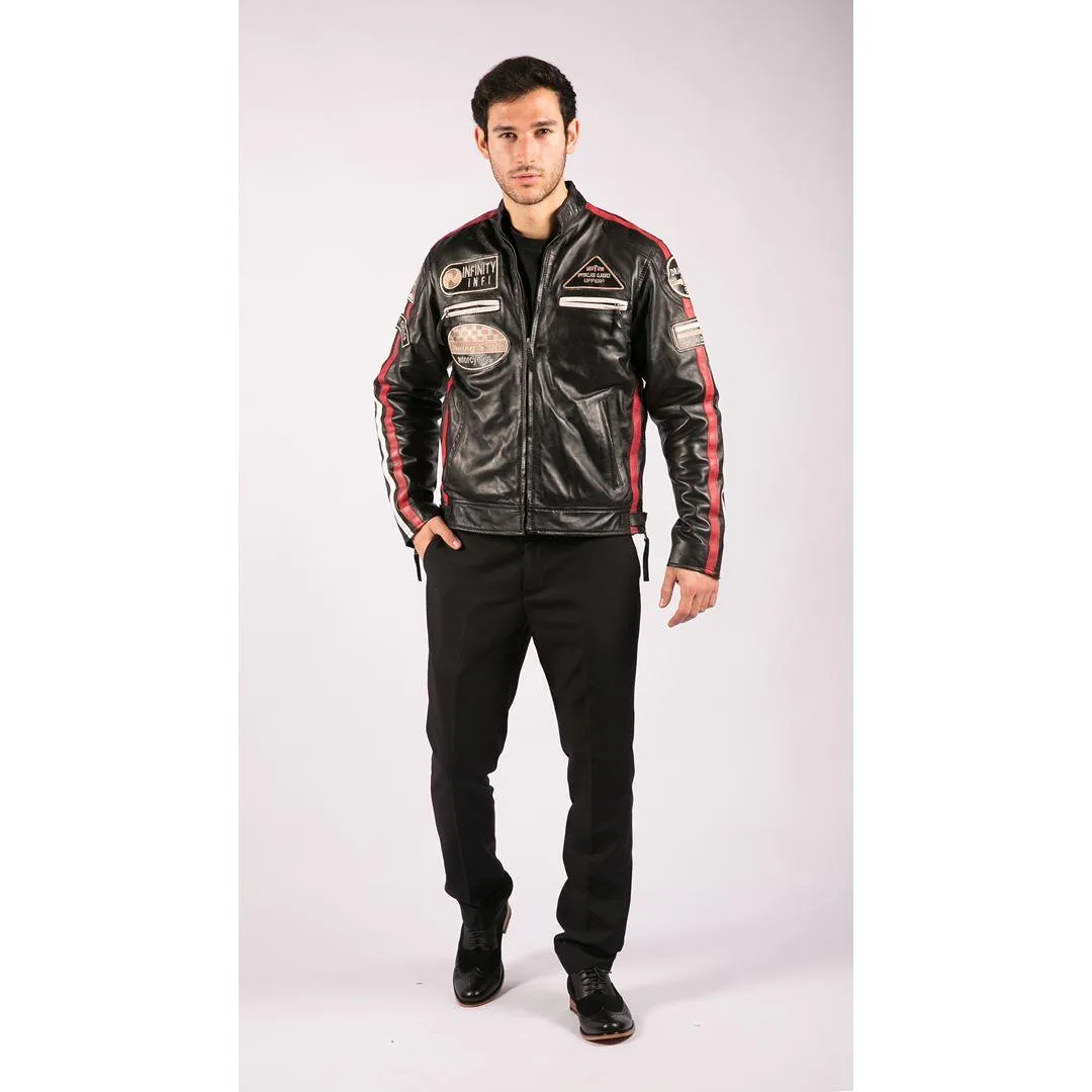 Mens Classic Retro Biker Racer Real Leather Jacket Black Zipped Casual Badge