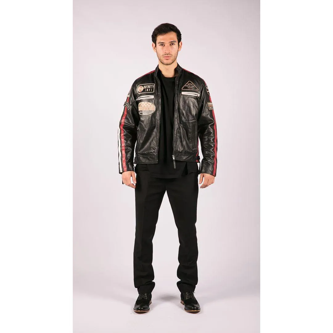 Mens Classic Retro Biker Racer Real Leather Jacket Black Zipped Casual Badge