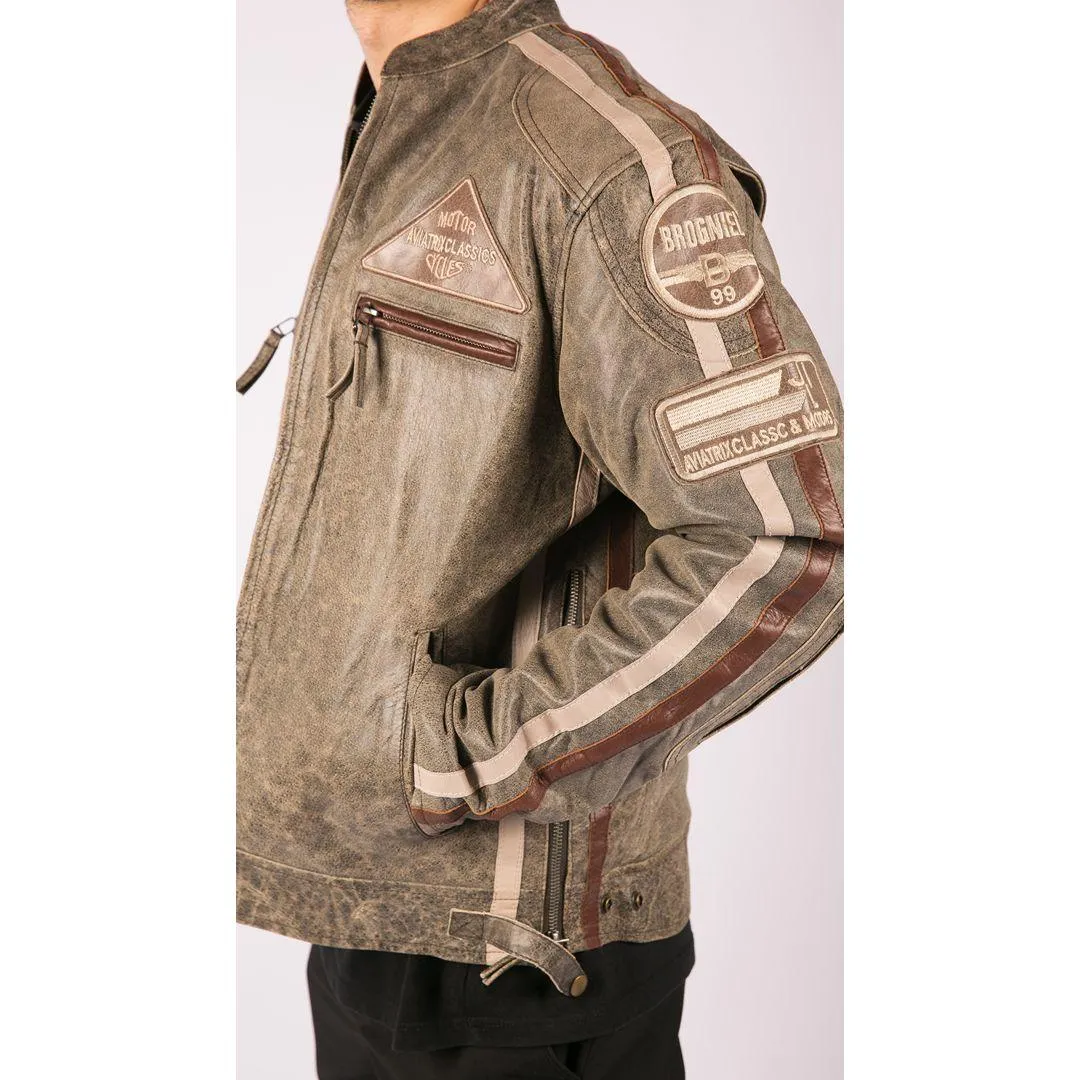 Mens Classic Retro Biker Racer Real Leather Jacket Desert Brown Grey Casual