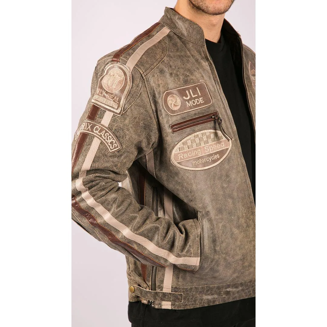 Mens Classic Retro Biker Racer Real Leather Jacket Desert Brown Grey Casual