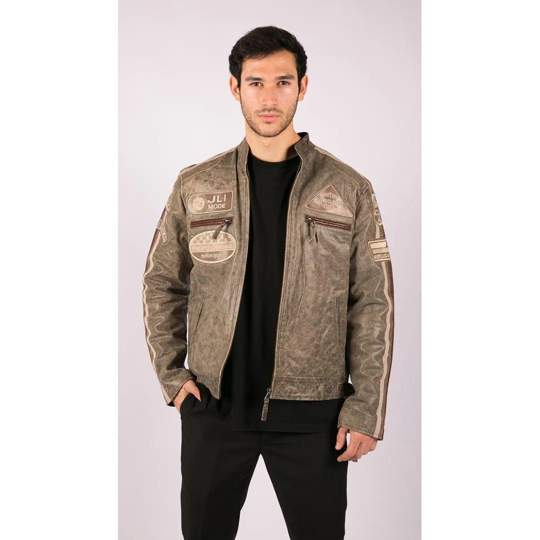 Mens Classic Retro Biker Racer Real Leather Jacket Desert Brown Grey Casual