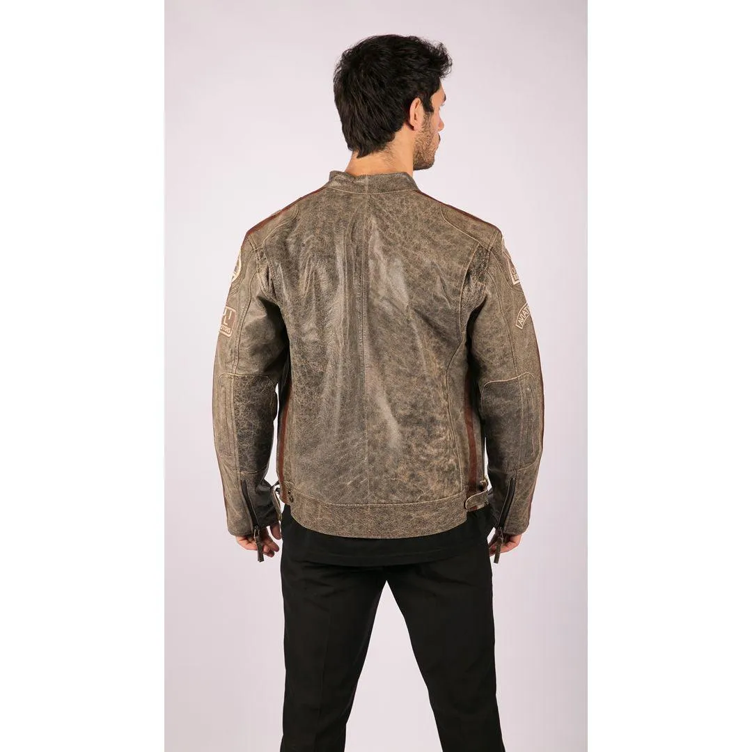 Mens Classic Retro Biker Racer Real Leather Jacket Desert Brown Grey Casual