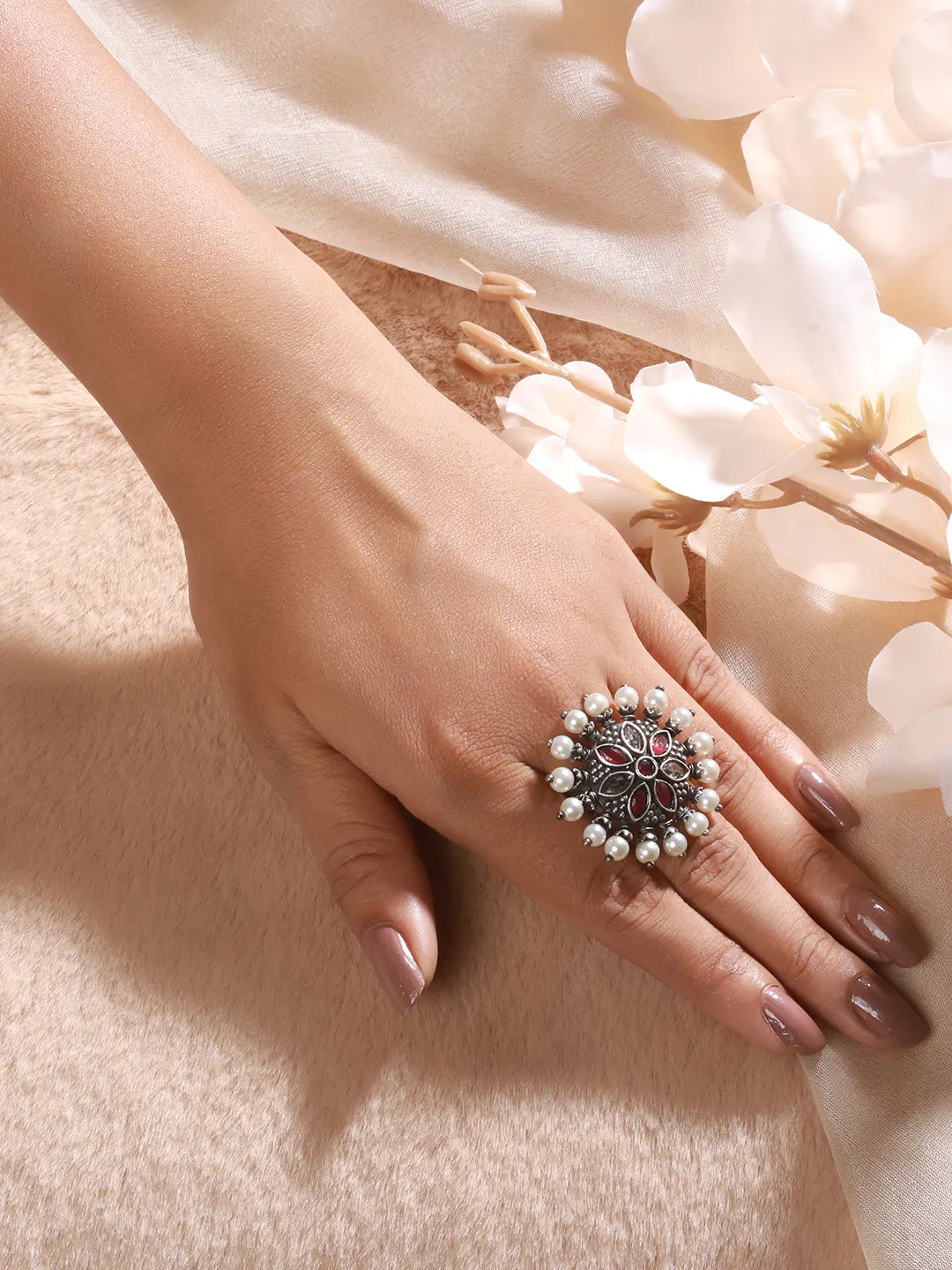 Oxidized Silver-Plated Red & White Stone-Studded & Pearl Adjustable Finger Ring