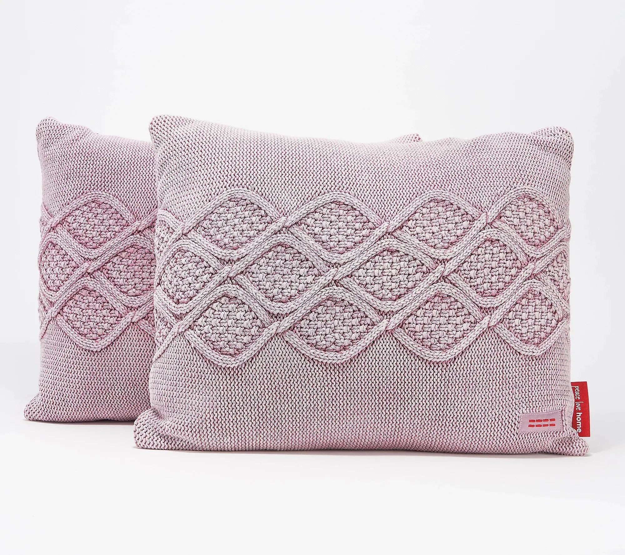 Peace Love World Set of 2 20" x 16" Knitted Pillows, Blush