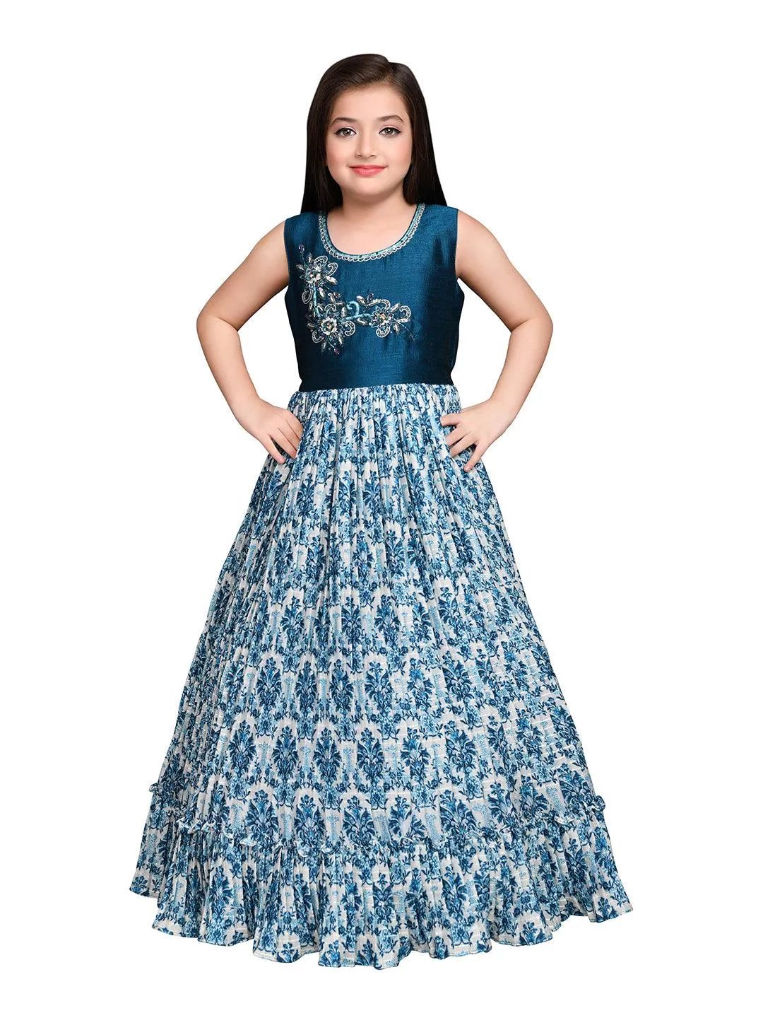 Peacock Blue Coloured Ethnic Maxi Dress Gown For Girls