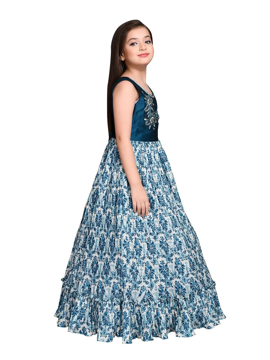 Peacock Blue Coloured Ethnic Maxi Dress Gown For Girls