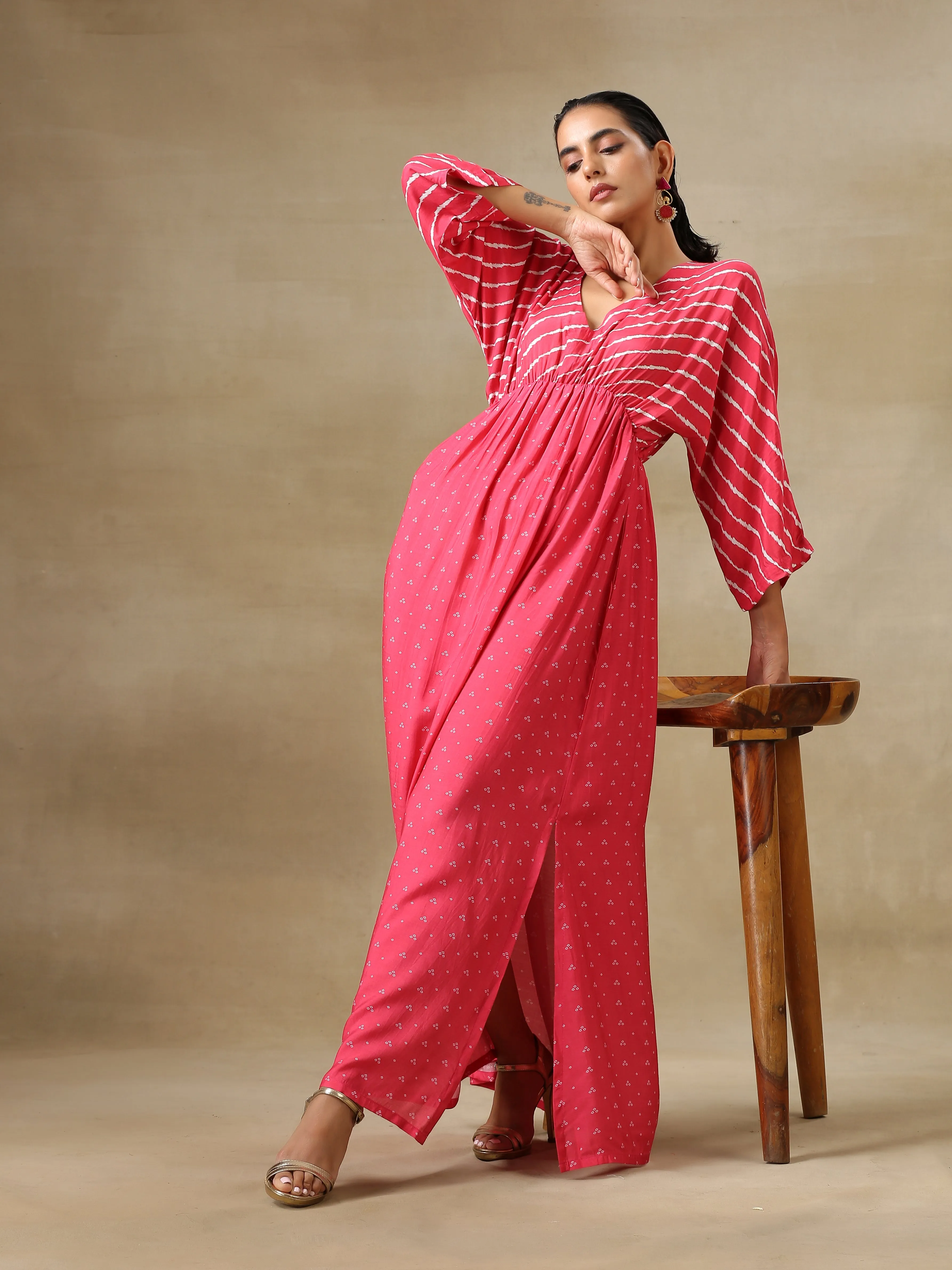 Pink Bandhani Printed Silk Drop Shoulder Dress