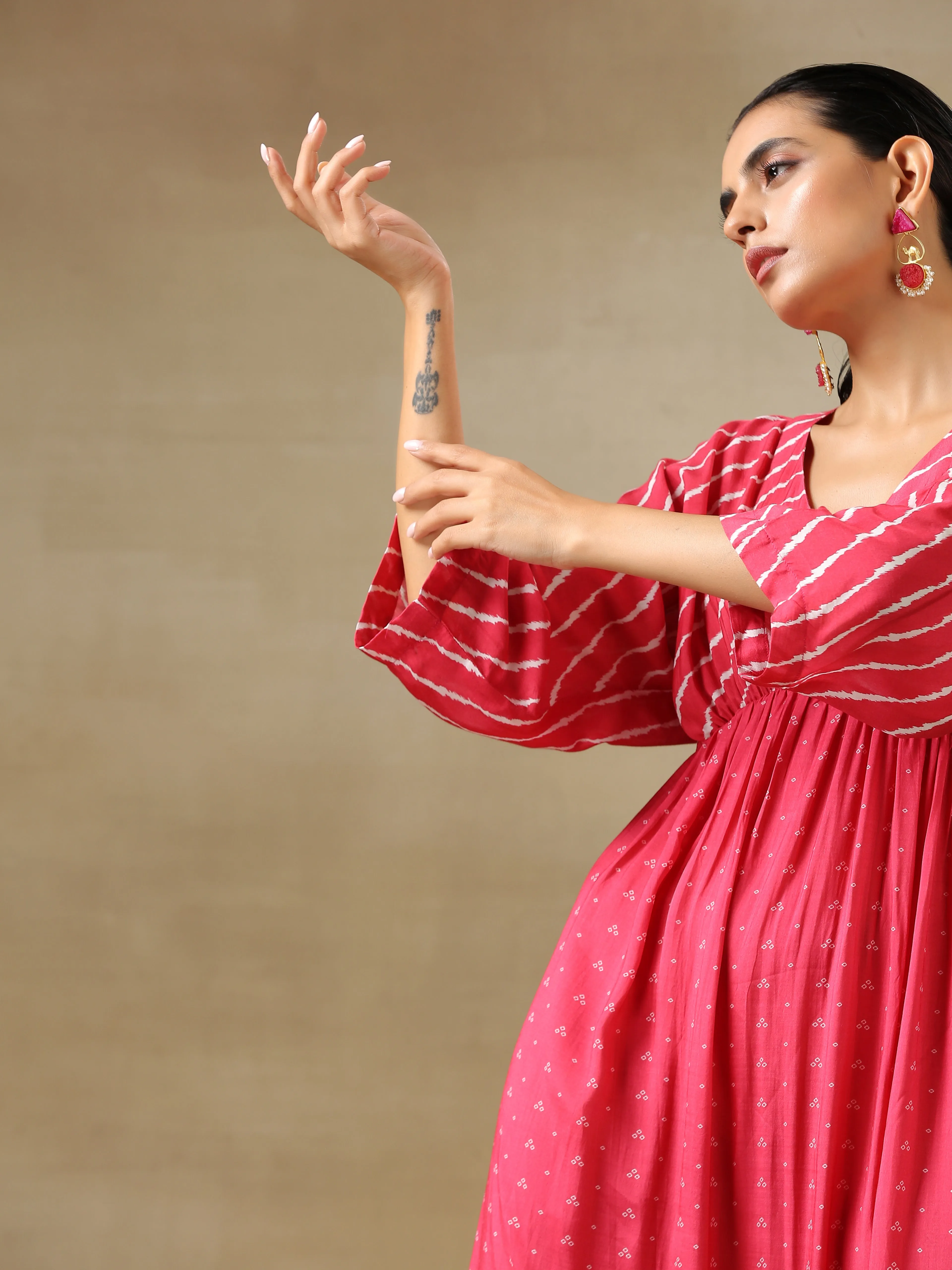 Pink Bandhani Printed Silk Drop Shoulder Dress