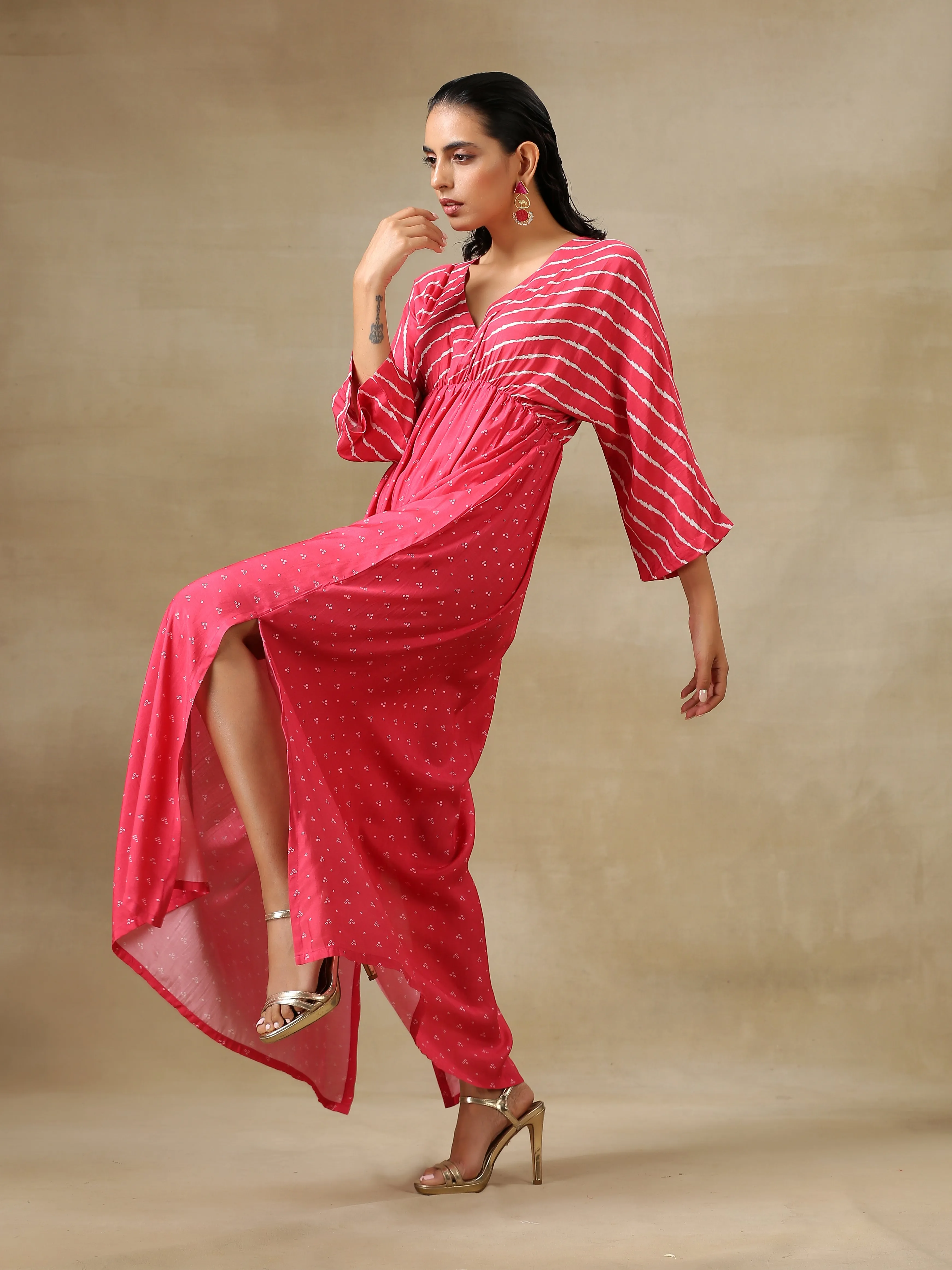 Pink Bandhani Printed Silk Drop Shoulder Dress