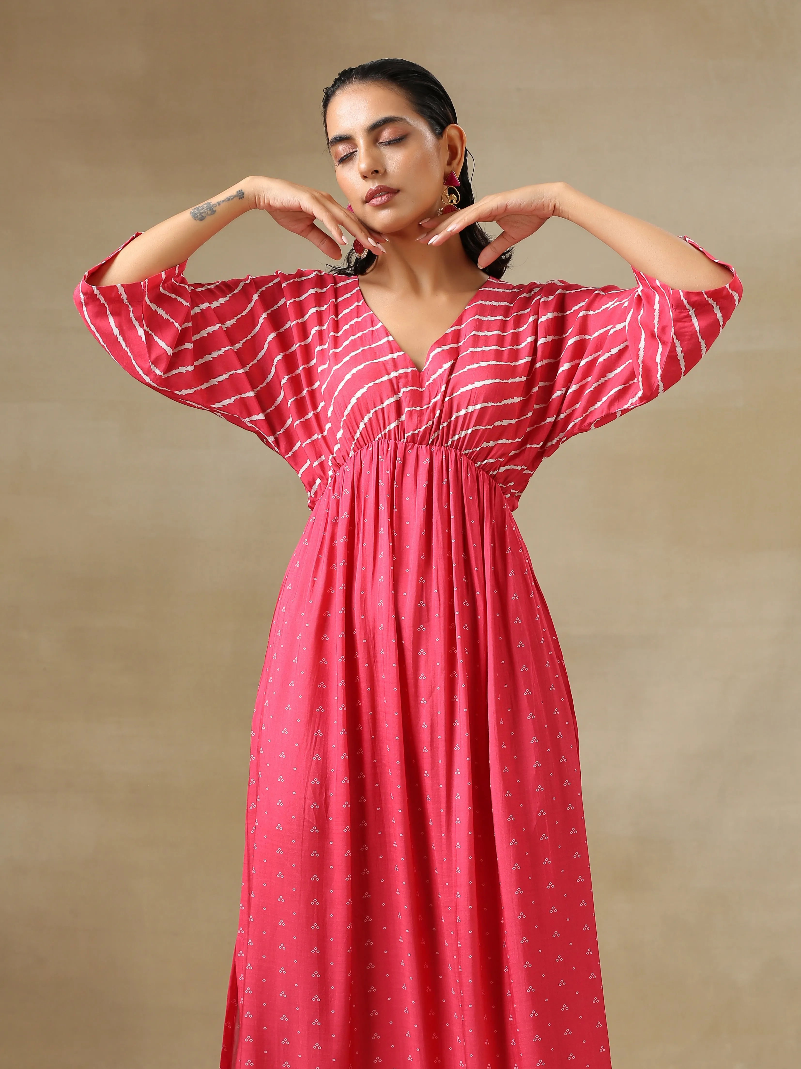 Pink Bandhani Printed Silk Drop Shoulder Dress