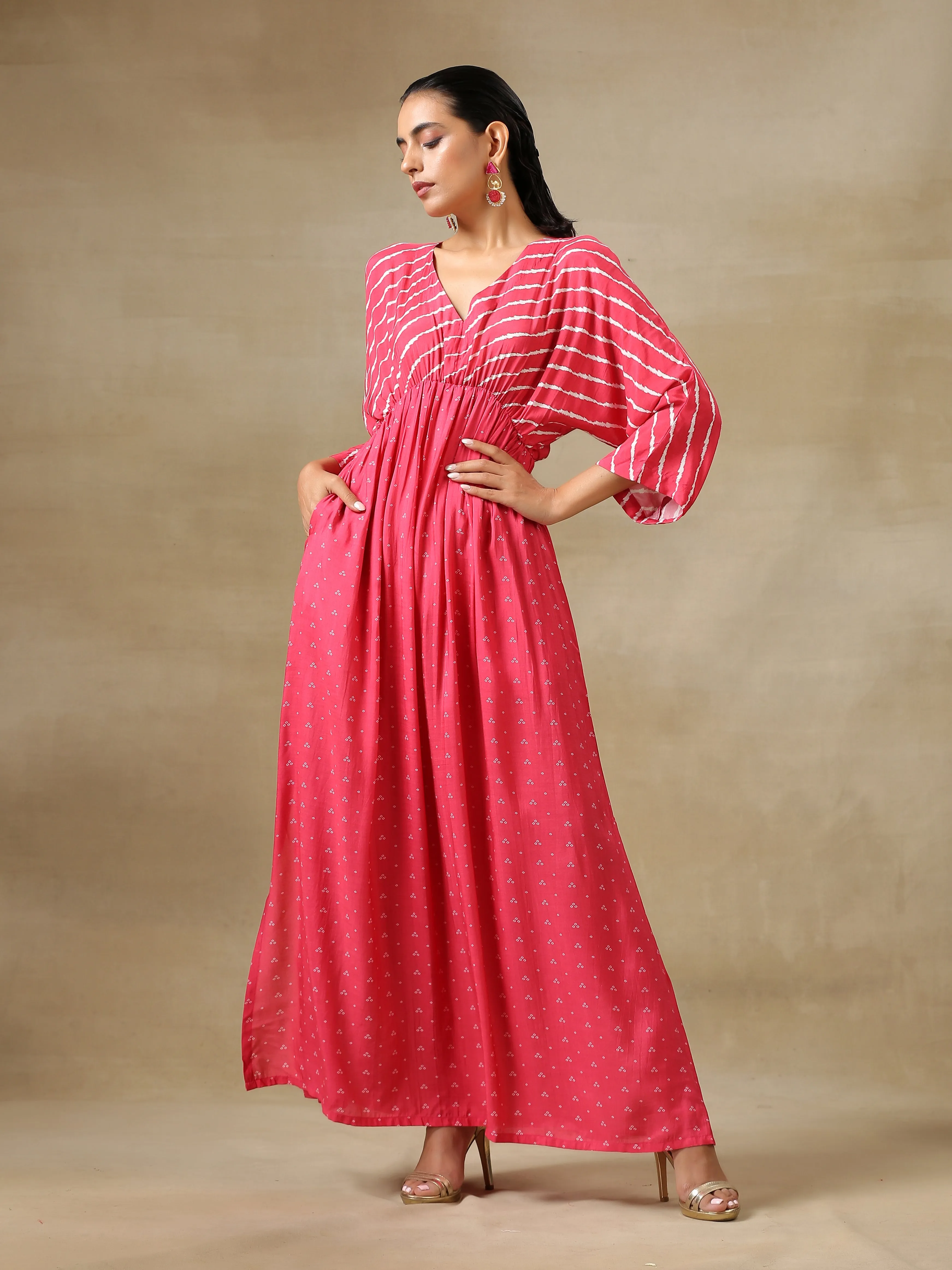 Pink Bandhani Printed Silk Drop Shoulder Dress