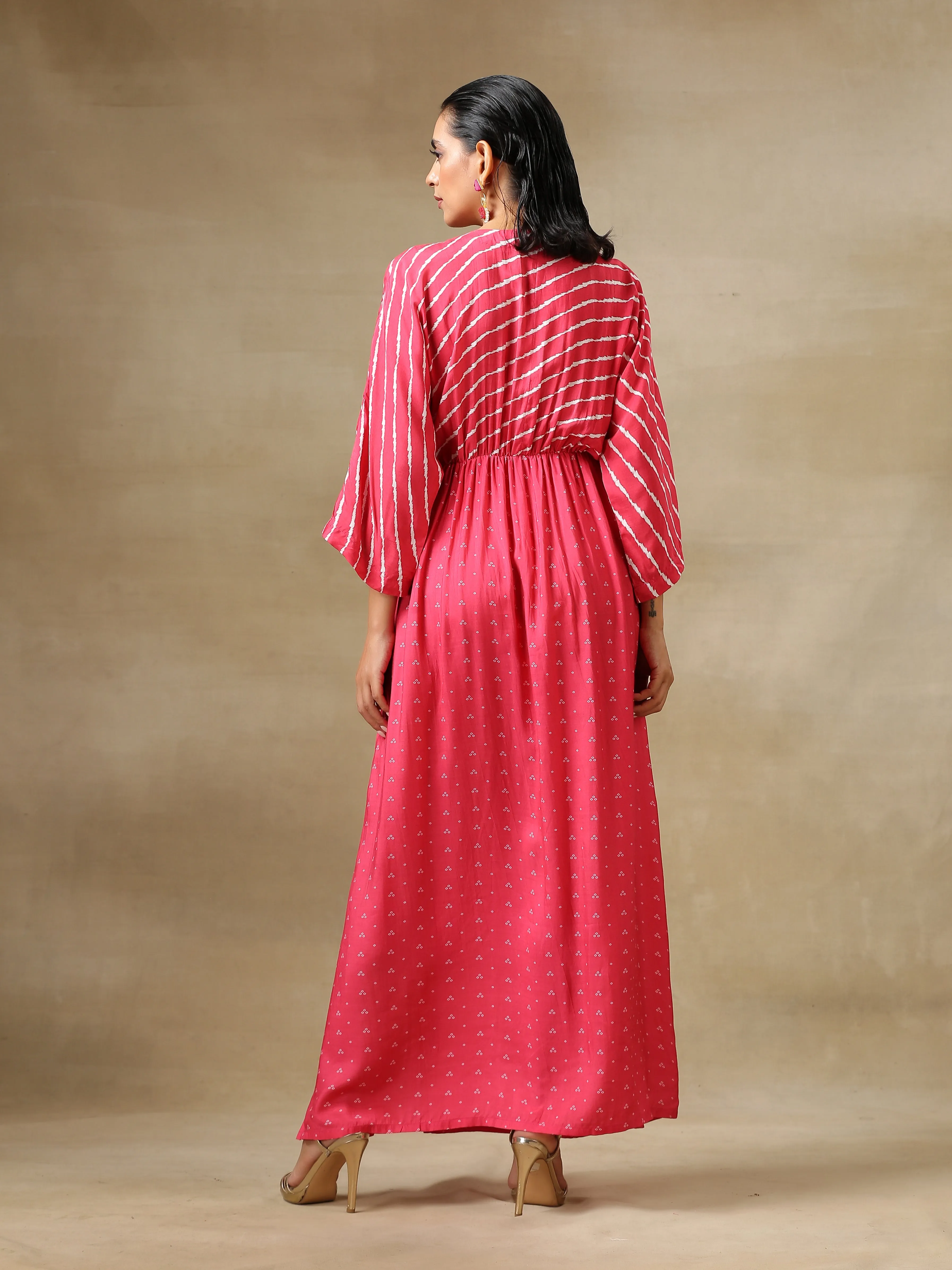 Pink Bandhani Printed Silk Drop Shoulder Dress