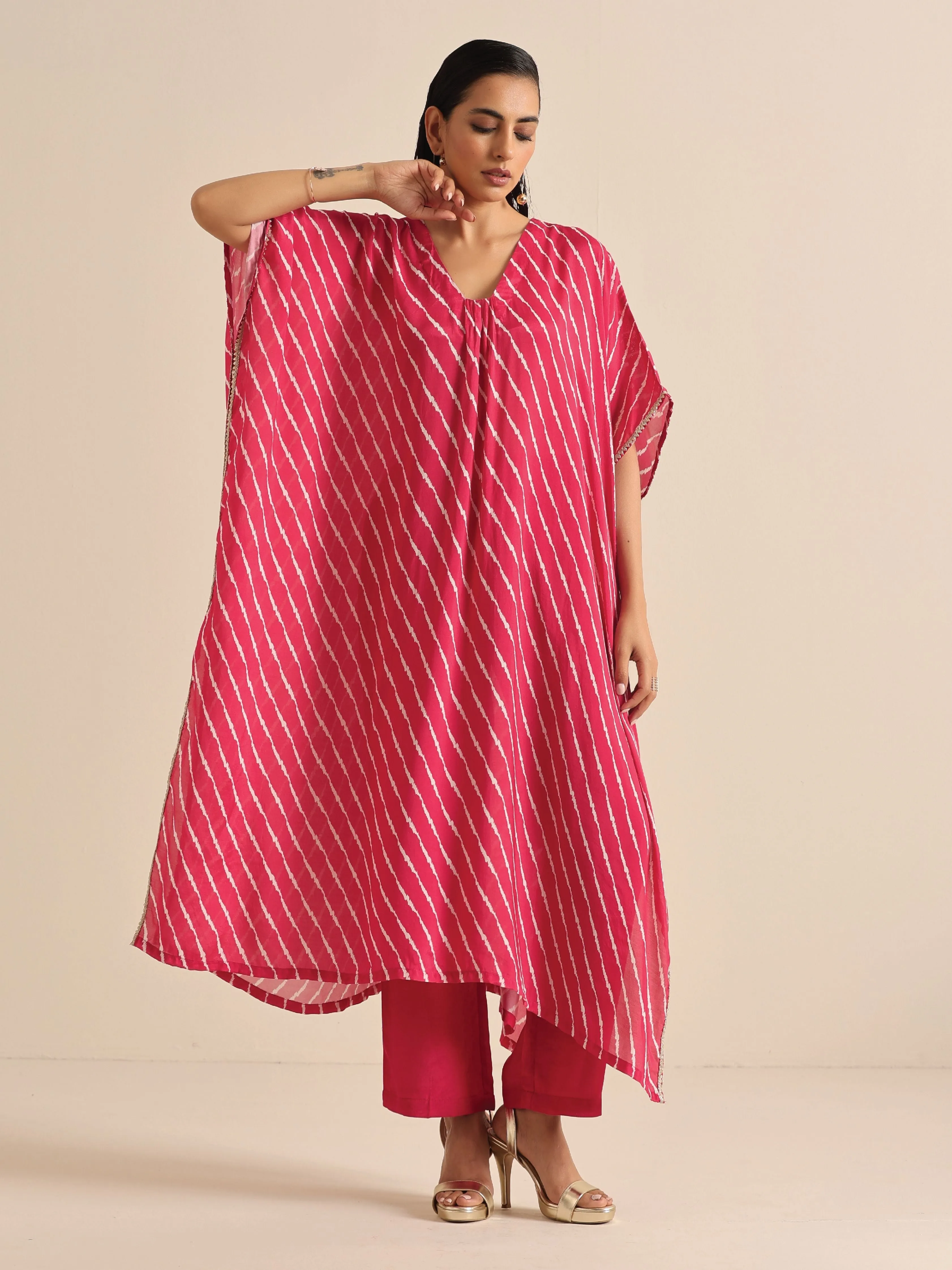 Pink Lehariya Printed Silk Kaftan Pant Set