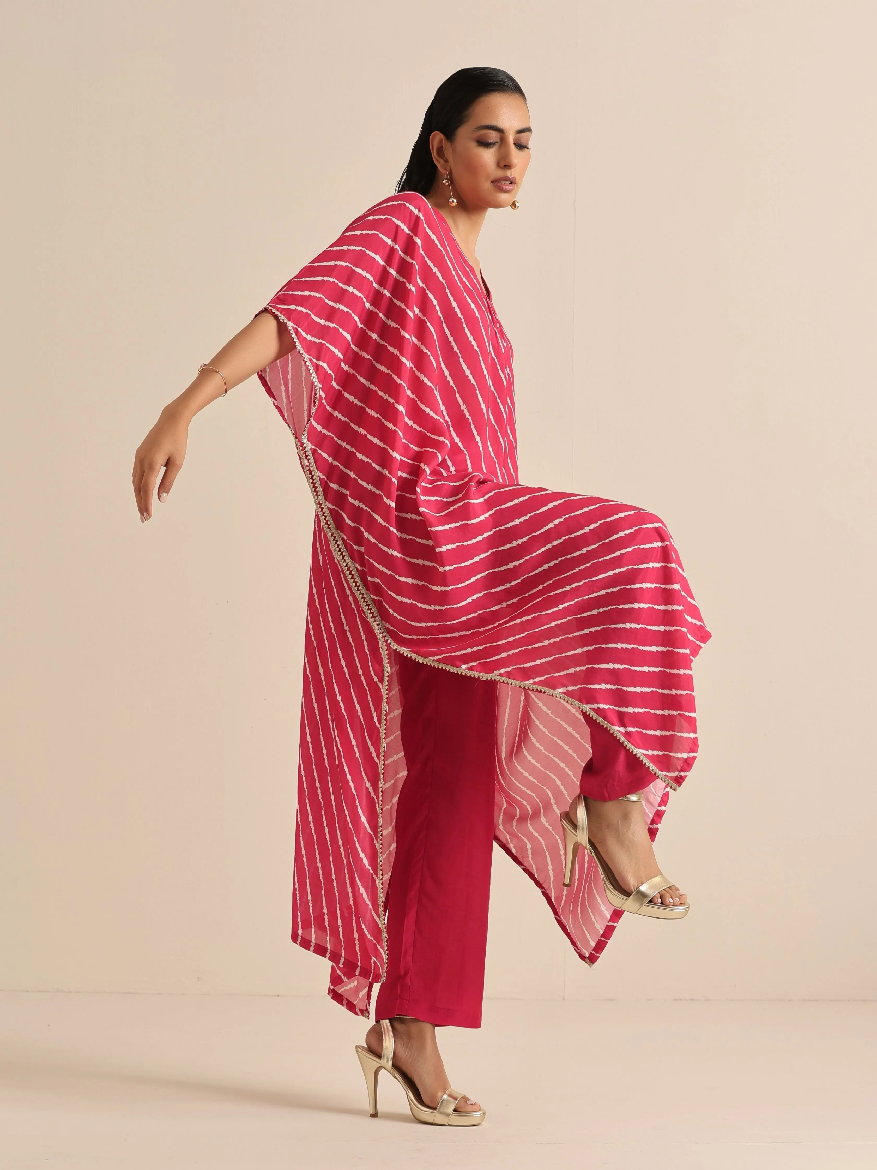 Pink Lehariya Printed Silk Kaftan Pant Set