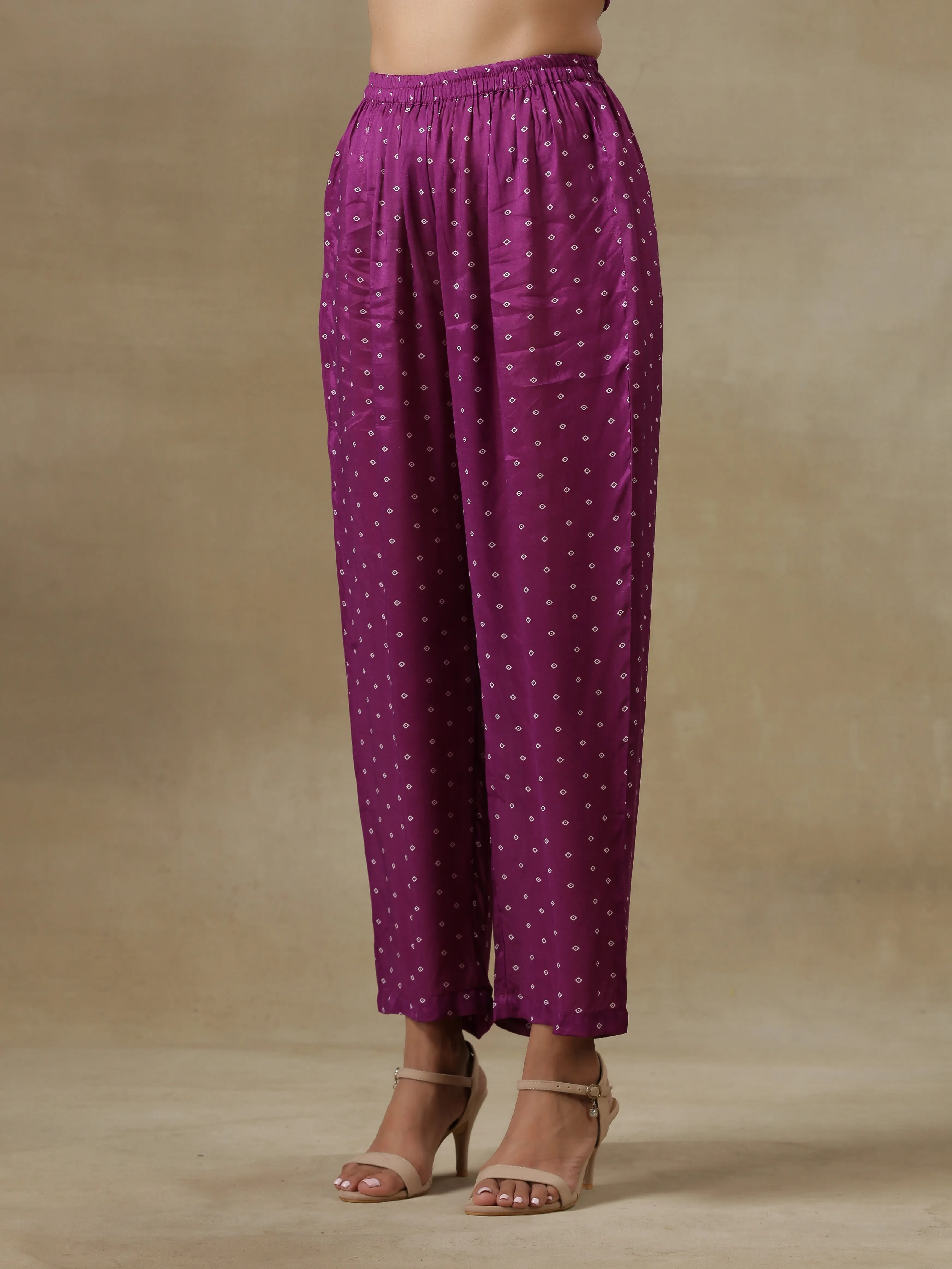 Purple Bandhani Printed Silk Drop Shoulder Kurta Pant Set