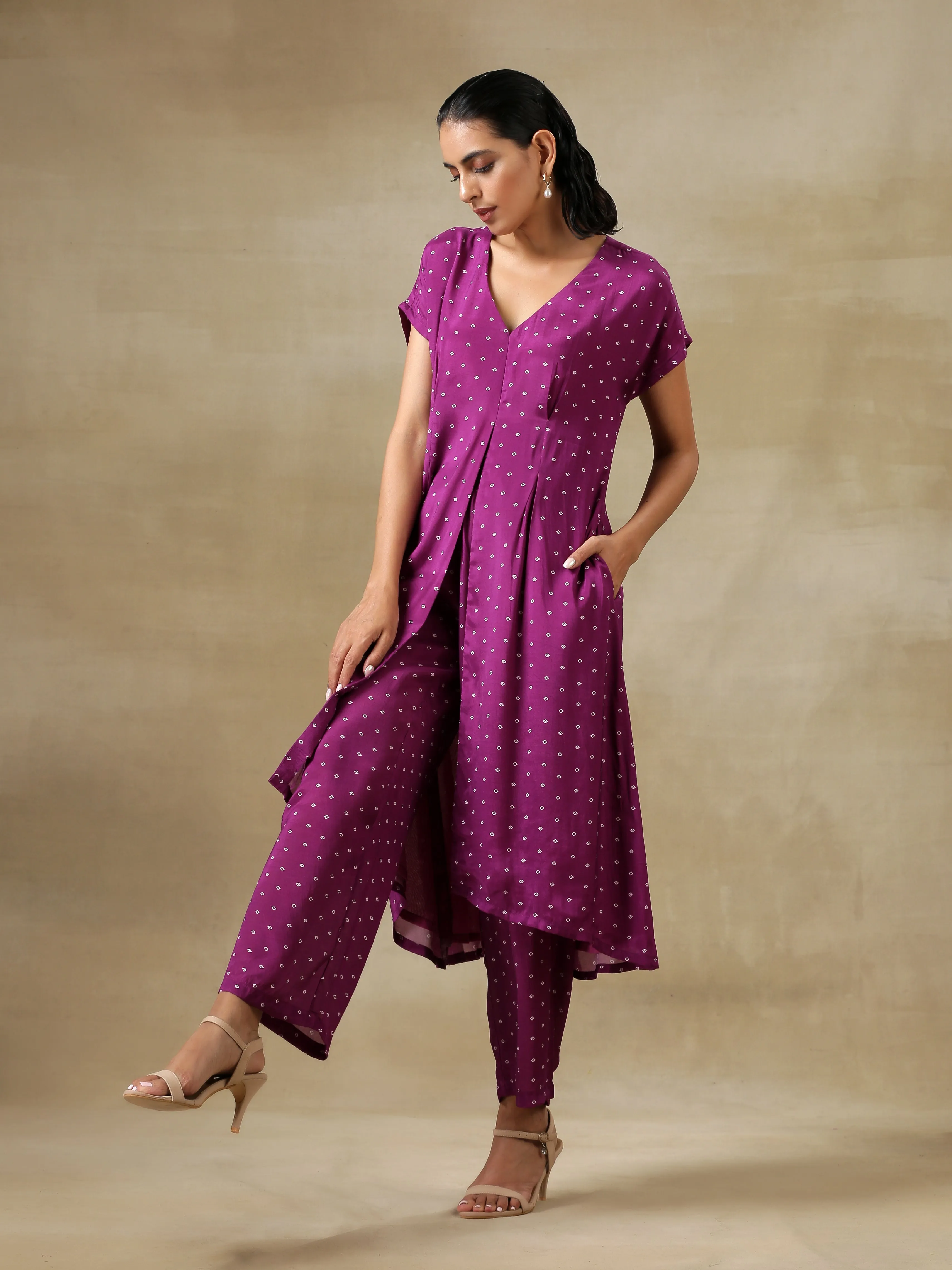 Purple Bandhani Printed Silk Drop Shoulder Kurta Pant Set