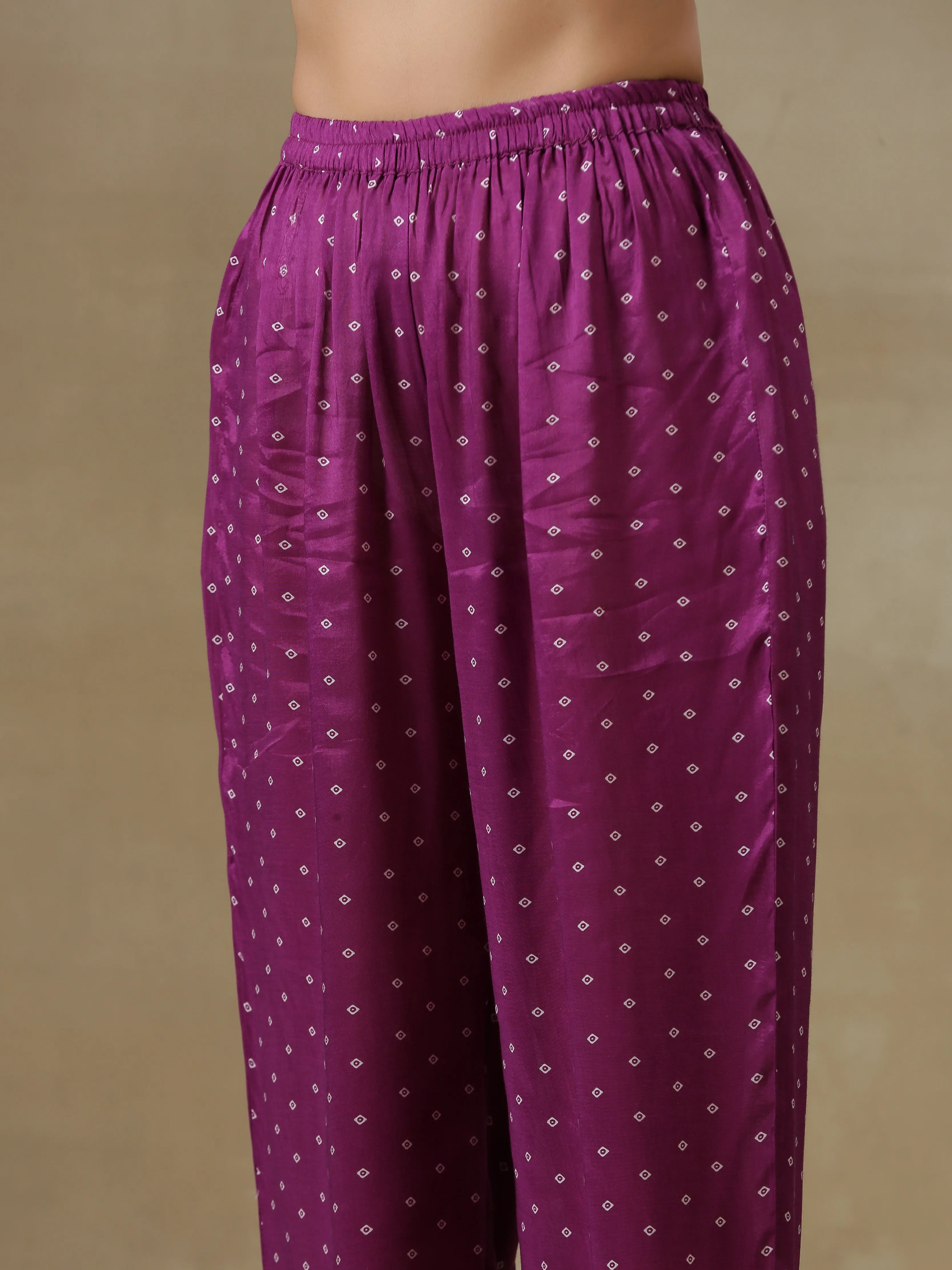 Purple Bandhani Printed Silk Drop Shoulder Kurta Pant Set