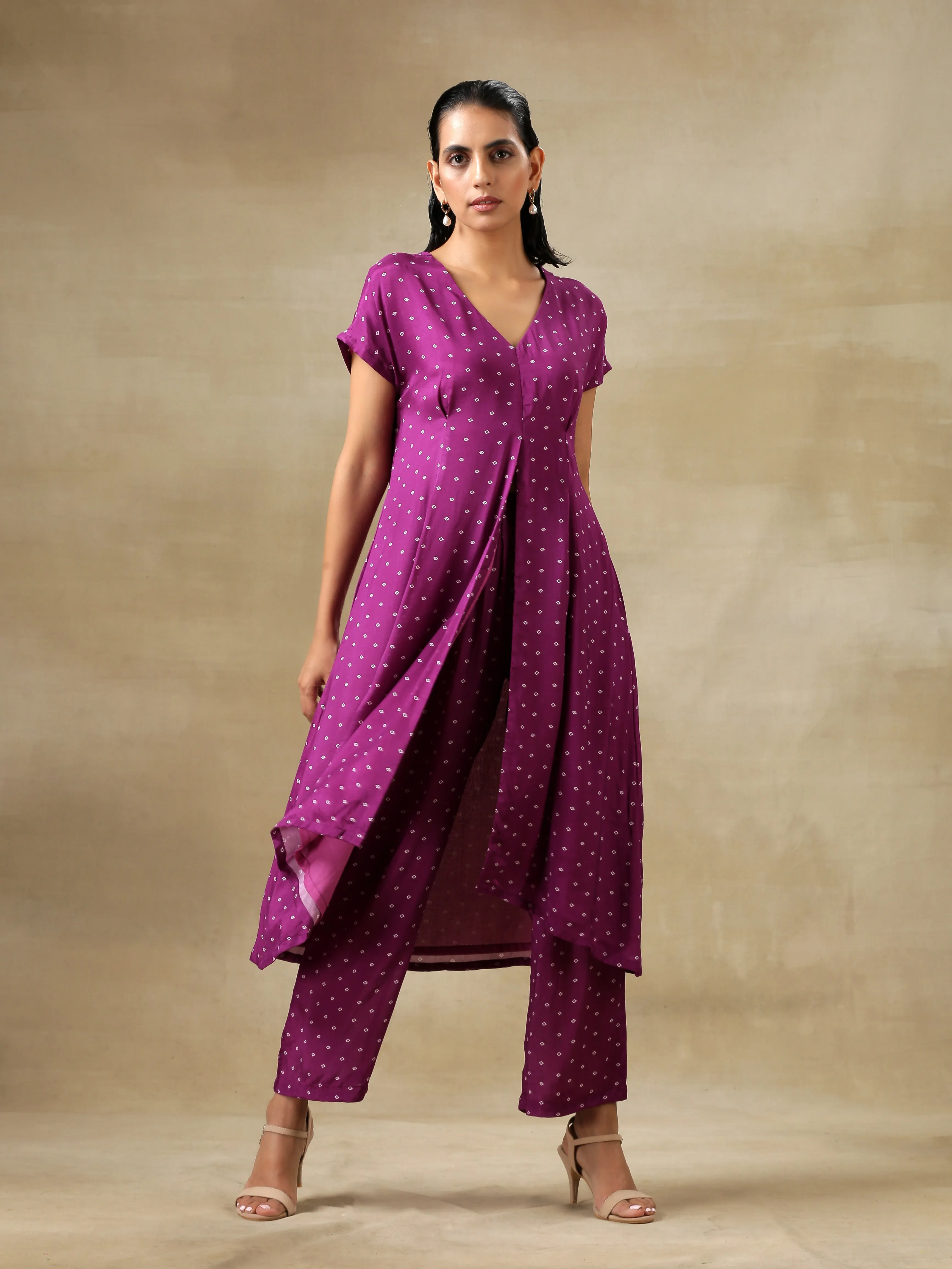 Purple Bandhani Printed Silk Drop Shoulder Kurta Pant Set