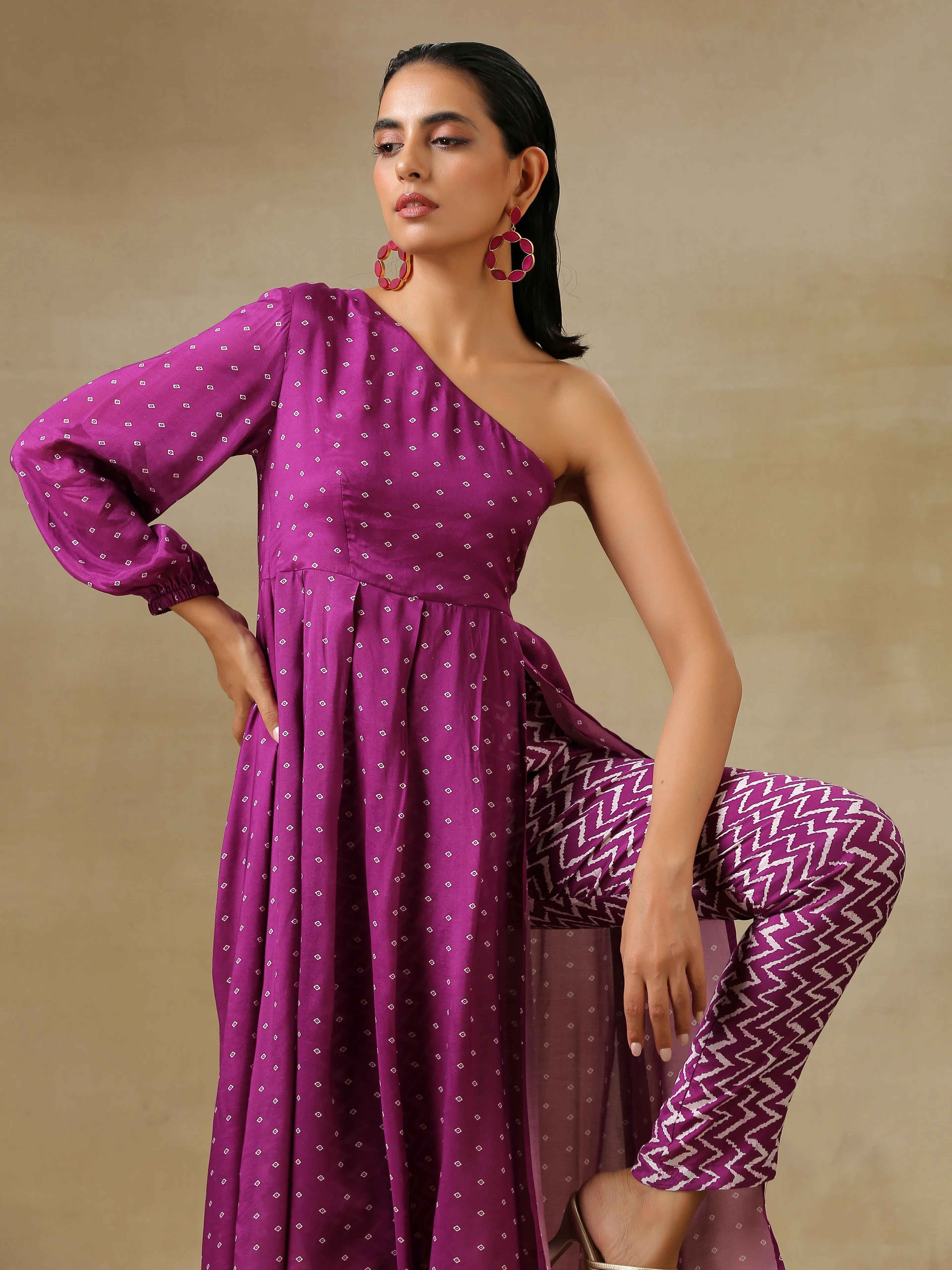 Purple Bandhani Printed Silk One Shoulder Kurta Pant Set