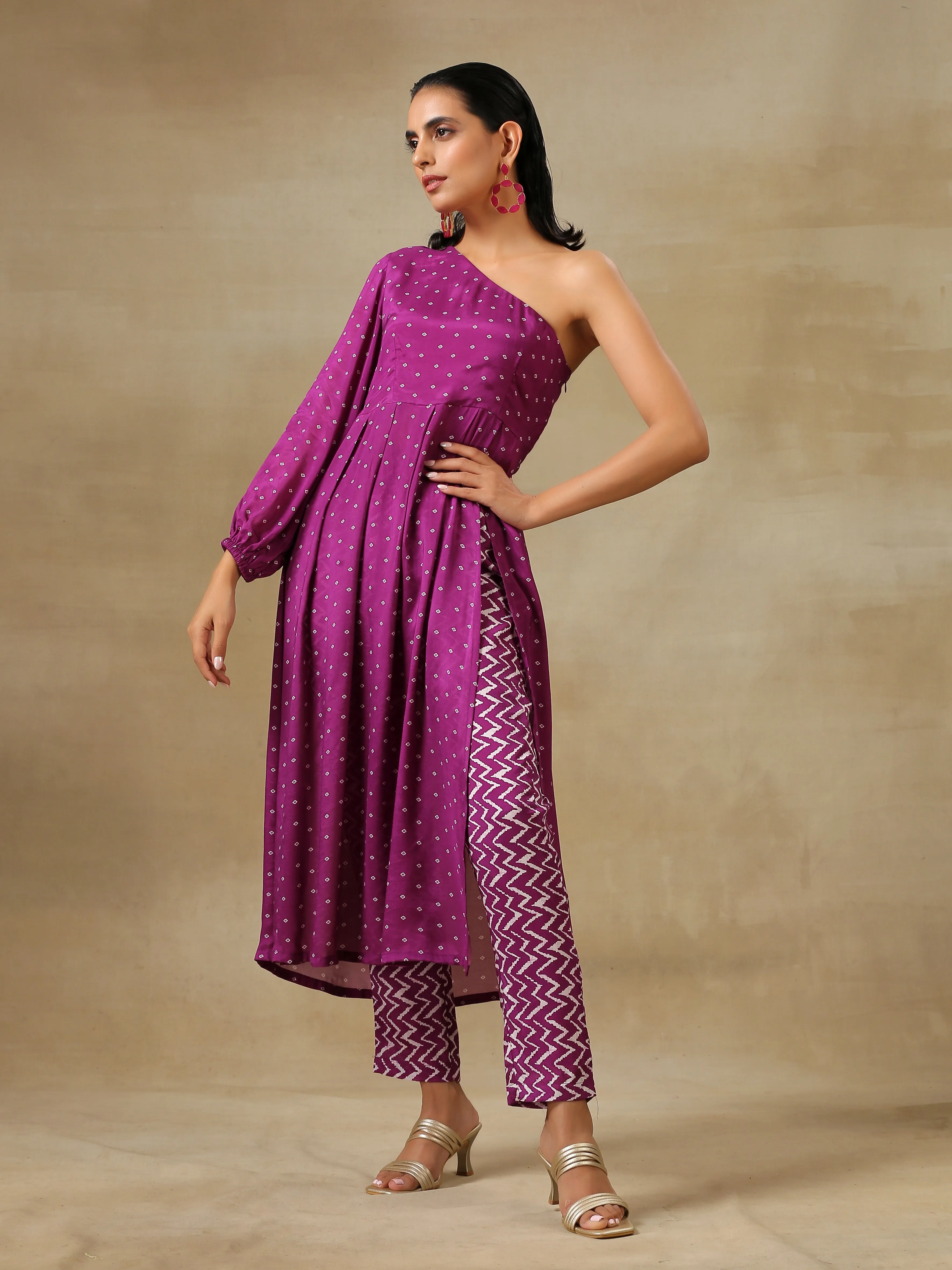 Purple Bandhani Printed Silk One Shoulder Kurta Pant Set